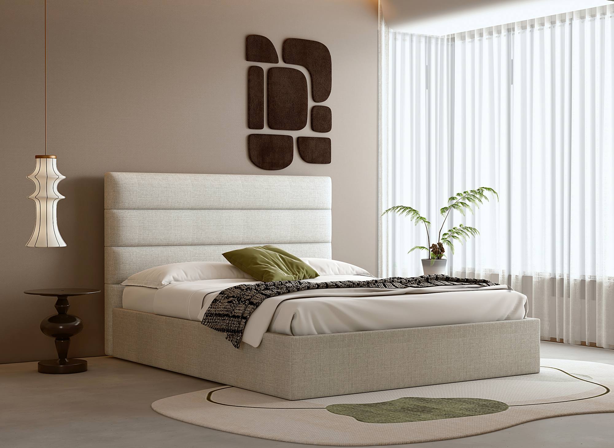 Cama con almacenaje SHANNA de tela de lino color beige, 140 x 190 cm