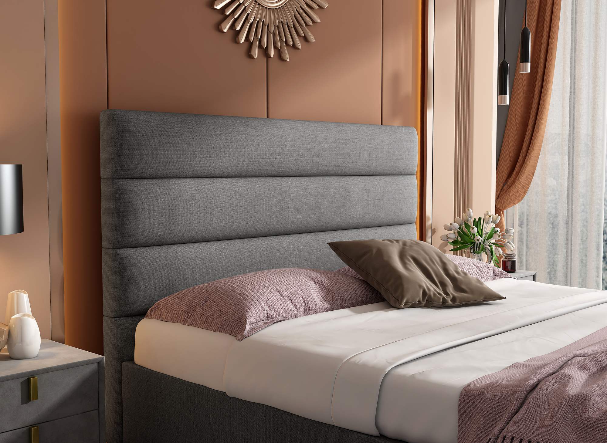 Cama con almacenaje SHANNA de 160 x 200 cm, tapizada en lino gris.