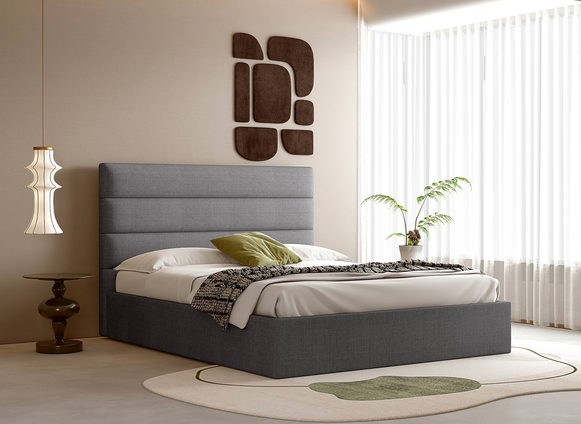 Cama con almacenaje SHANNA de 160 x 200 cm, tapizada en lino gris.