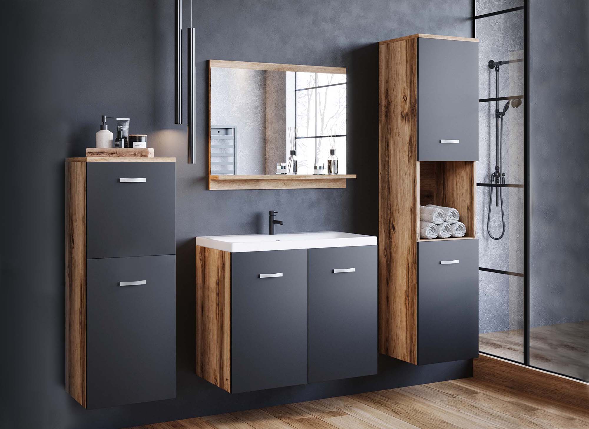 Conjunto de muebles de baño de diseño ALBY para montaje en pared - Madera negra envejecida