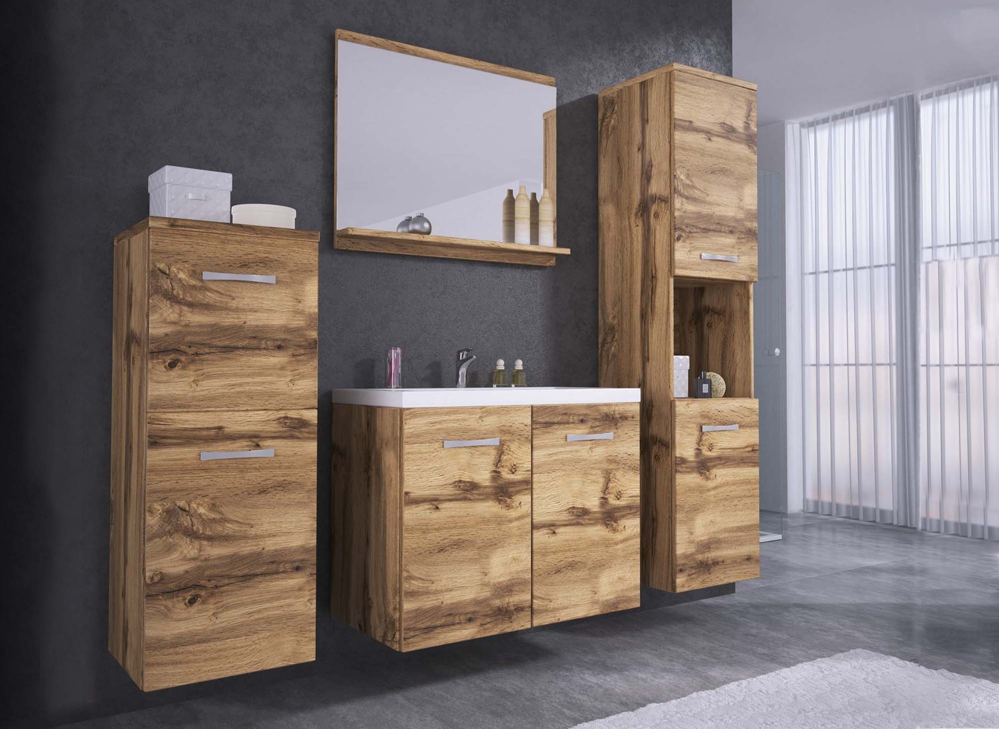Conjunto de muebles de baño de diseño ALBY para montaje en pared - Roble envejecido