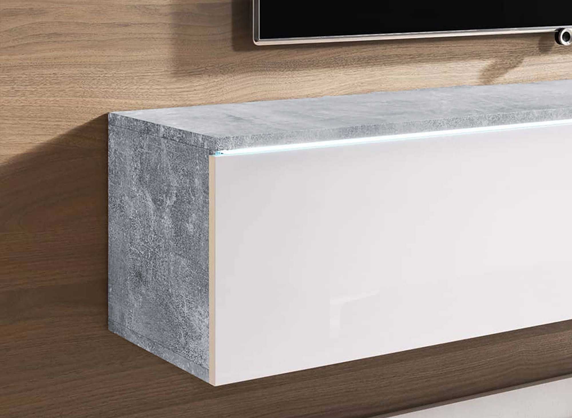 Mueble de TV contemporáneo MALORIE en hormigón y laca blanca con iluminación LED y 2 puertas - 140 cm