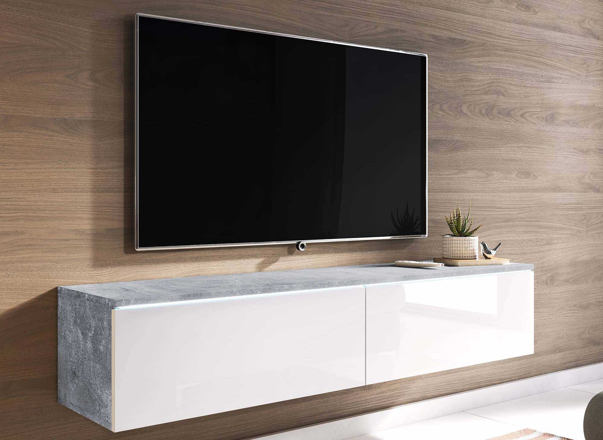 Mueble de TV contemporáneo MALORIE en hormigón y laca blanca con iluminación LED y 2 puertas - 140 cm