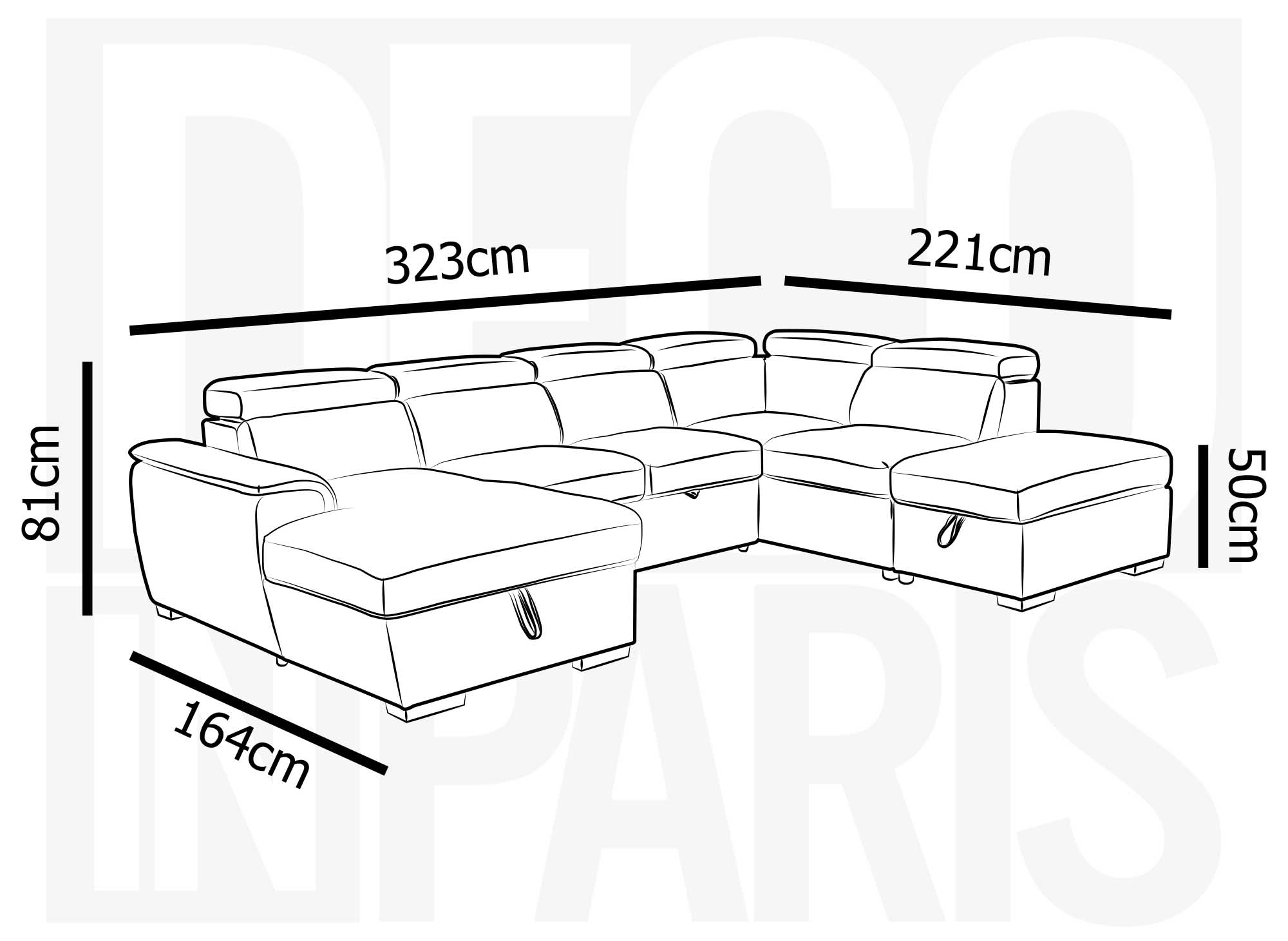 Sofá convertible y panorámico OLIVER con compartimento de almacenamiento en tela beige - Esquina izquierda