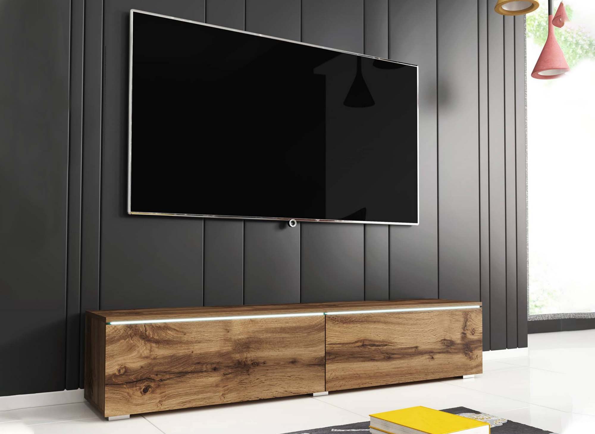 Mueble de TV MALORIE de roble contemporáneo con iluminación LED y 2 puertas - 180 cm
