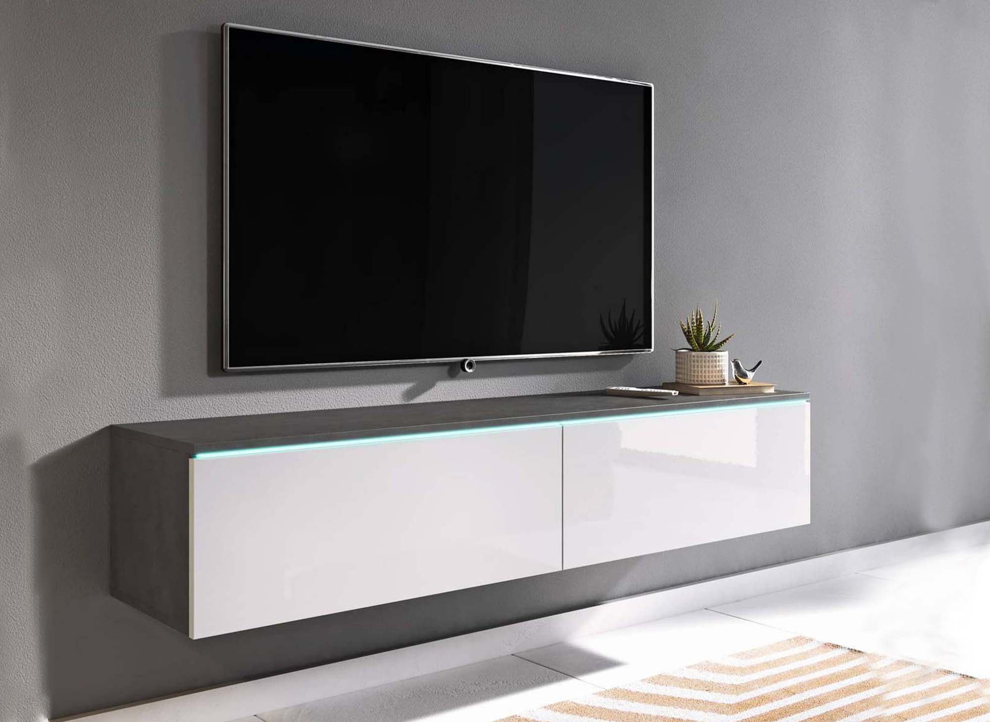 Mueble de TV contemporáneo gris y blanco con iluminación LED y 2 puertas MALORIE - 180 cm