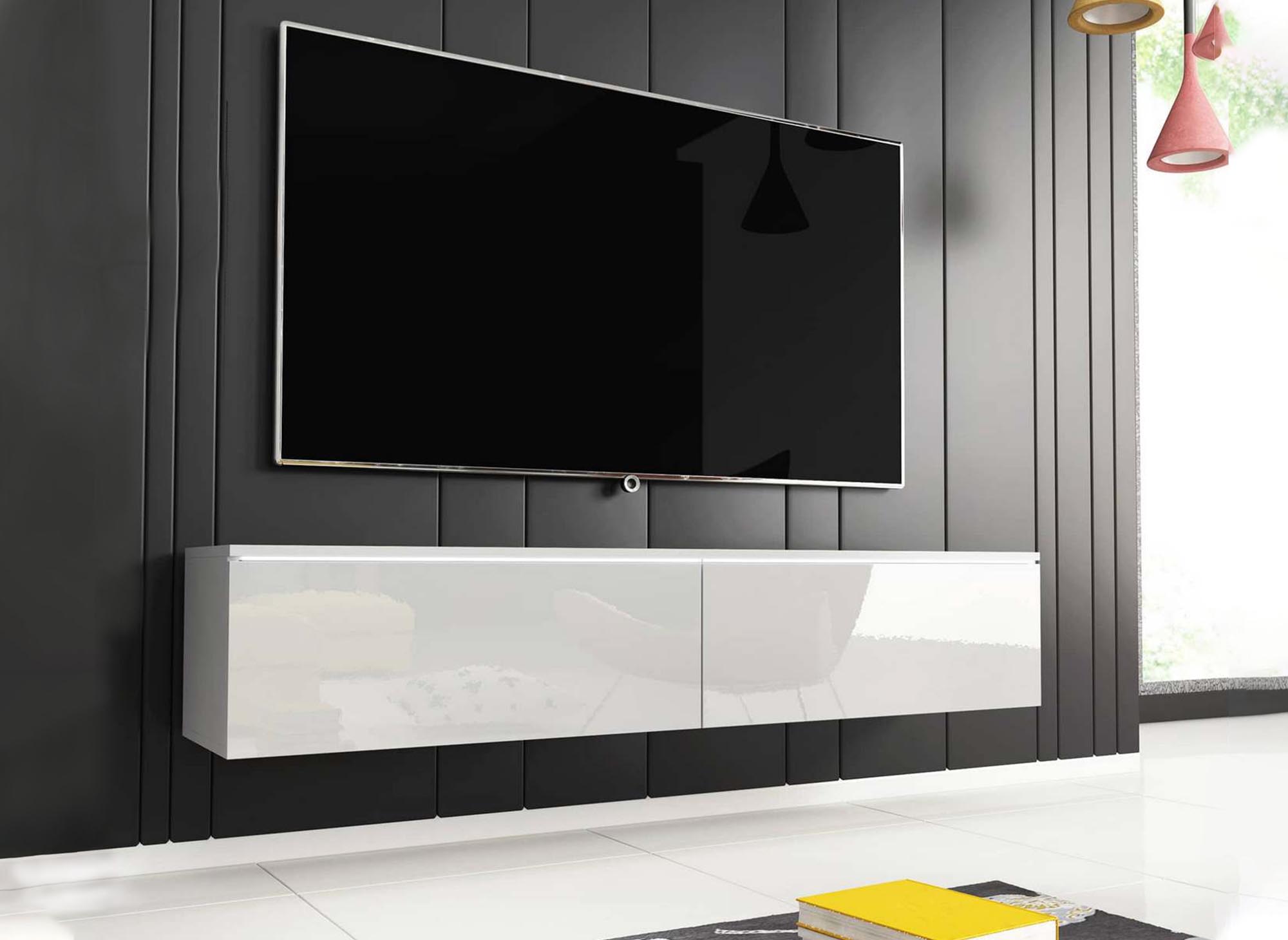 Mueble de TV contemporáneo MALORIE de 2 puertas lacado en blanco con iluminación LED - 180 cm