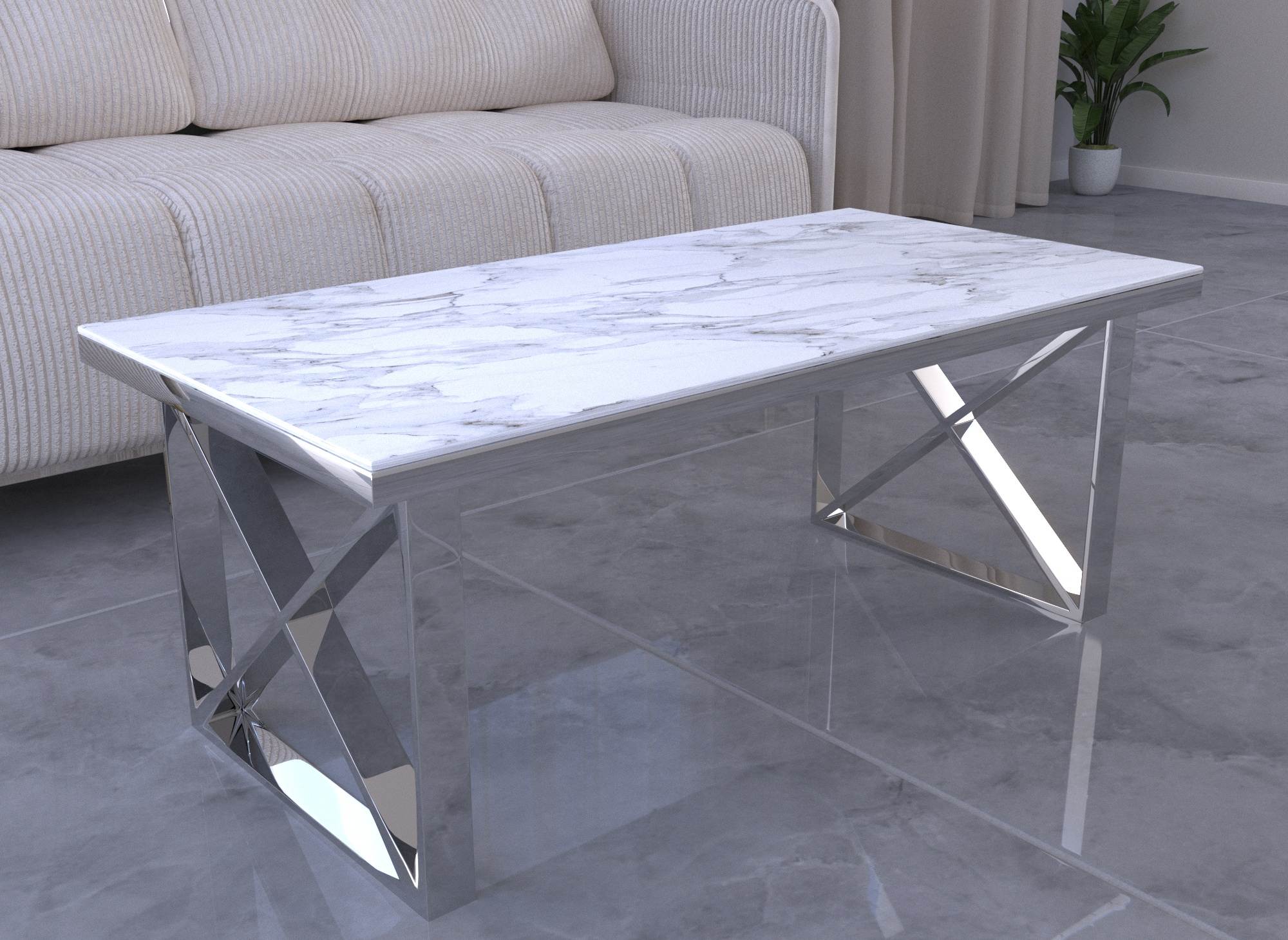 Mesa de centro de cristal con efecto mármol blanco ISORE