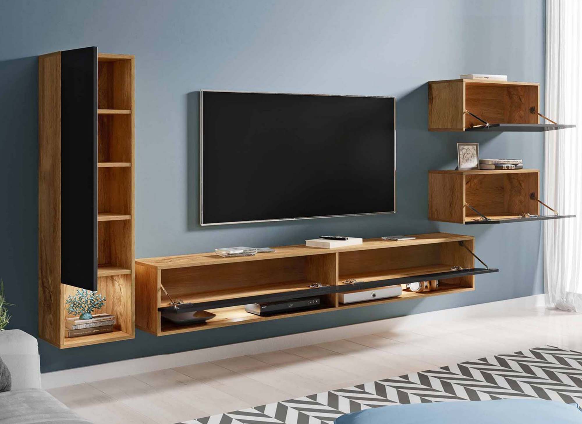 Mueble de TV contemporáneo en roble lacado negro con iluminación LED - AMANDA