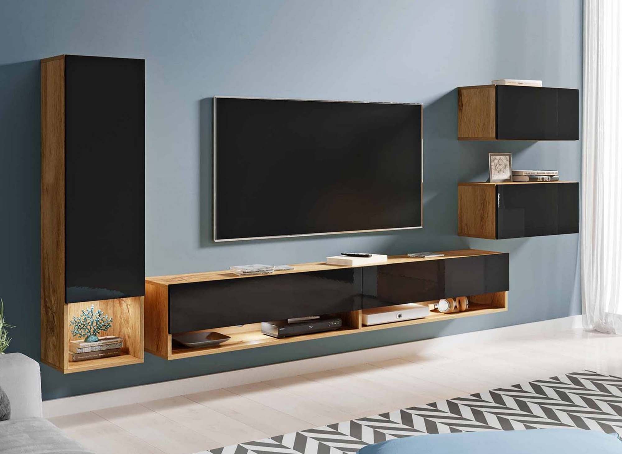 Mueble de TV contemporáneo en roble lacado negro con iluminación LED - AMANDA