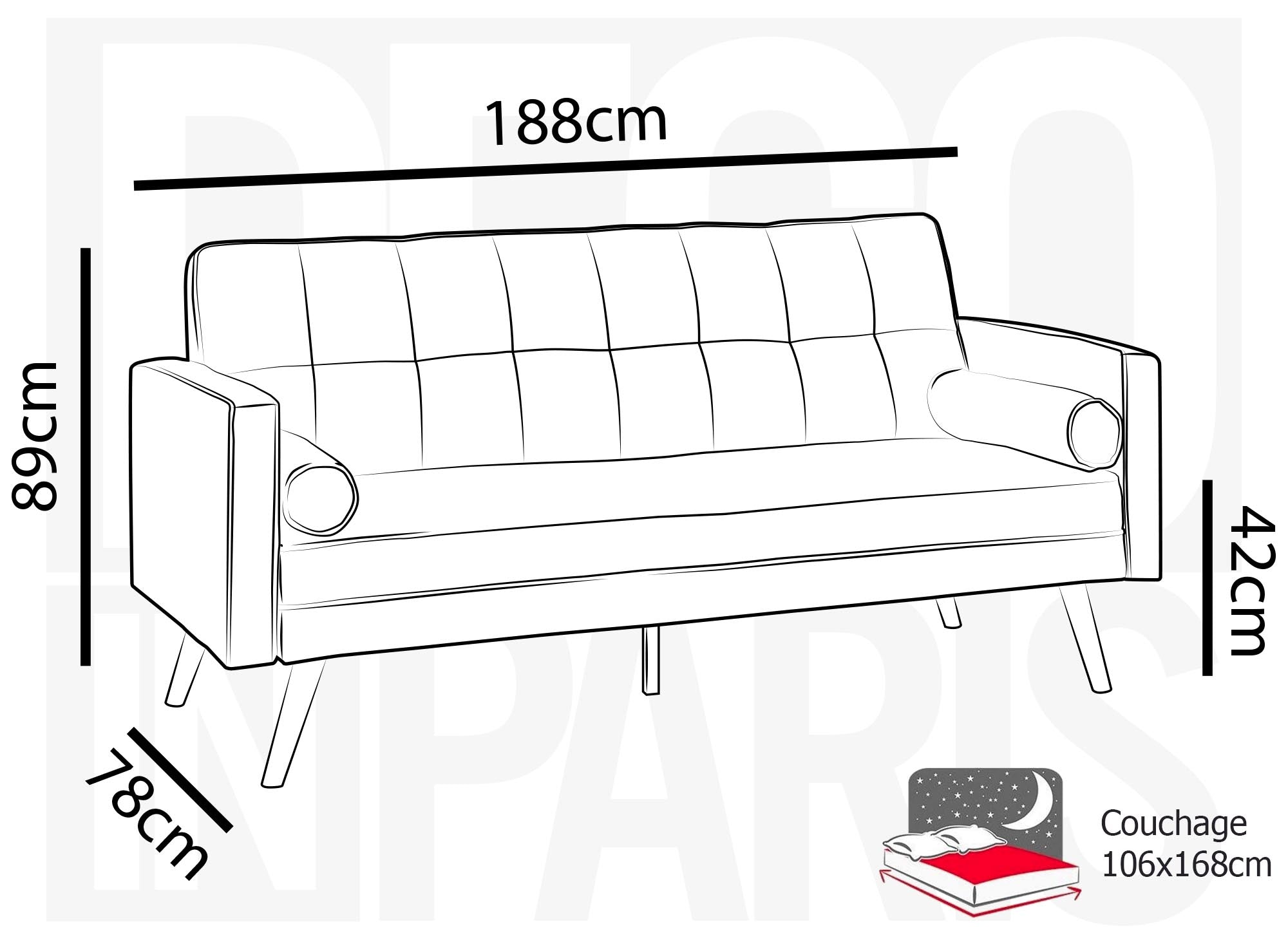 Sofá cama TANIA de tela gris con mecanismo clic-clac