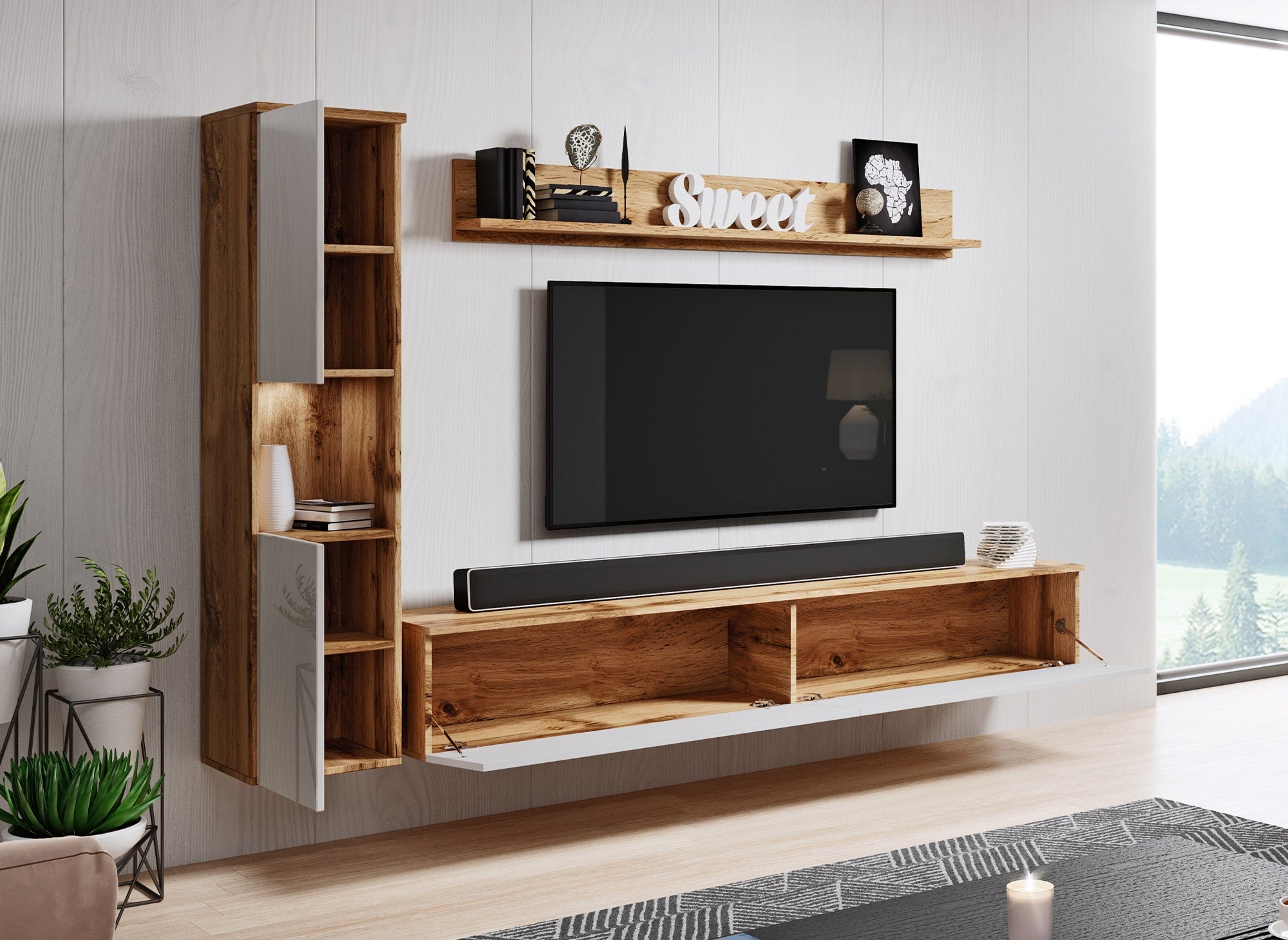 Mueble de TV contemporáneo en roble y blanco con acabado brillante e iluminación LED - ELIOTE