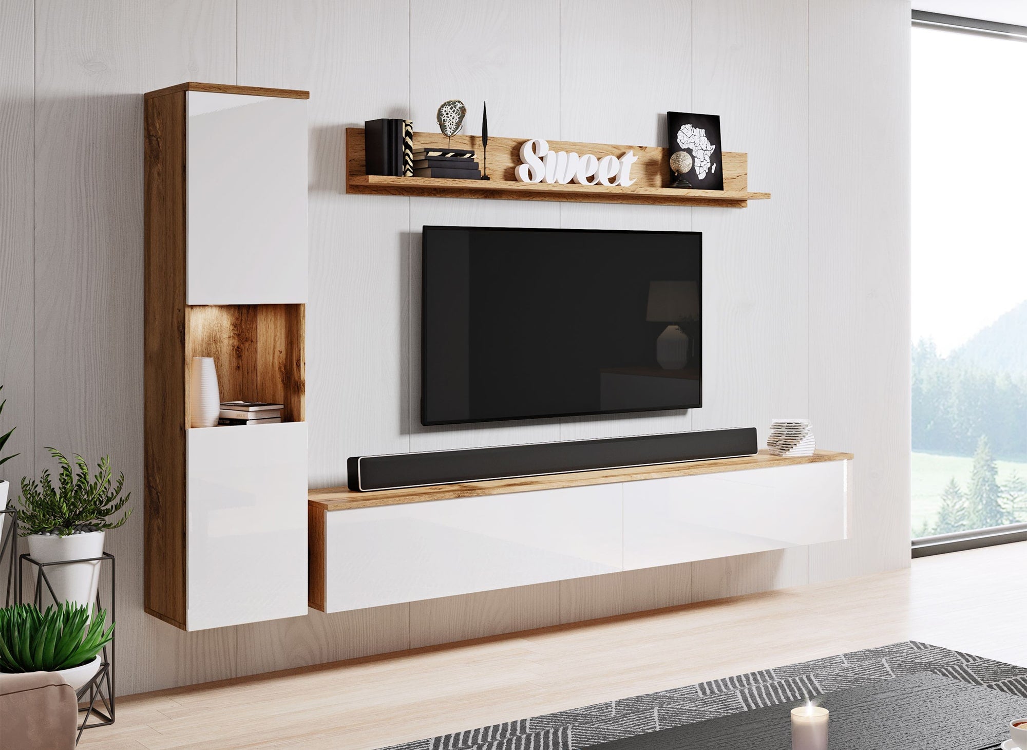 Mueble de TV contemporáneo en roble y blanco con acabado brillante e iluminación LED - ELIOTE