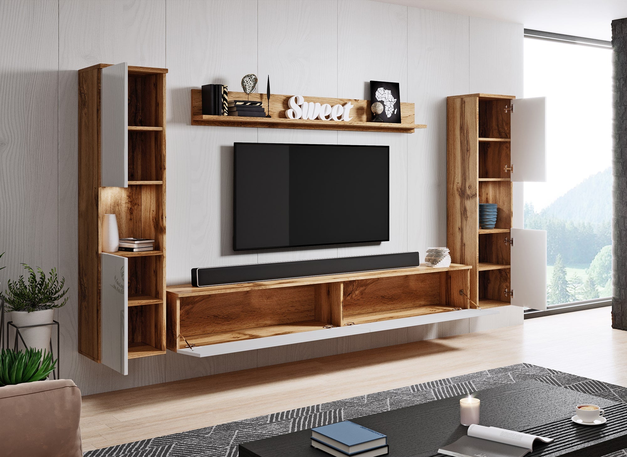 Mueble de TV contemporáneo en roble y blanco con acabado brillante e iluminación LED - ELIOTE XL