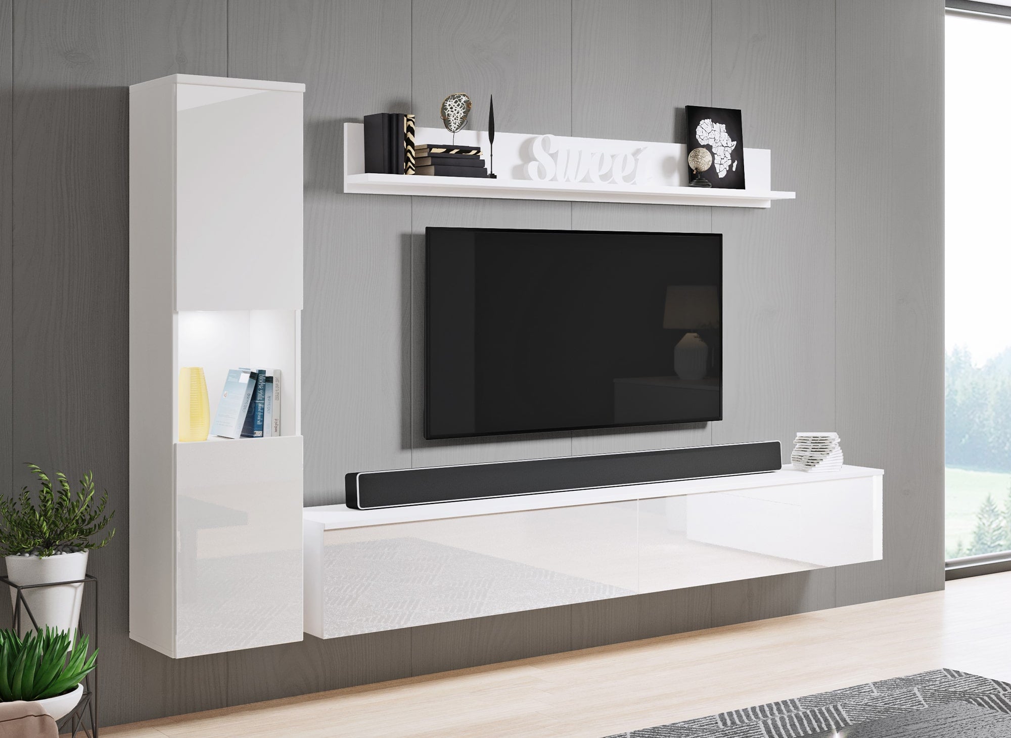 Mueble de TV contemporáneo blanco brillante con iluminación LED - ELIOTE