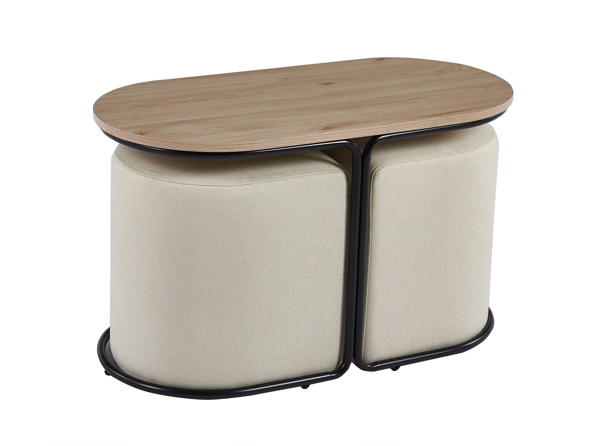 Conjunto de mesa de centro JUDITH en color madera con 2 pufs de tela beige