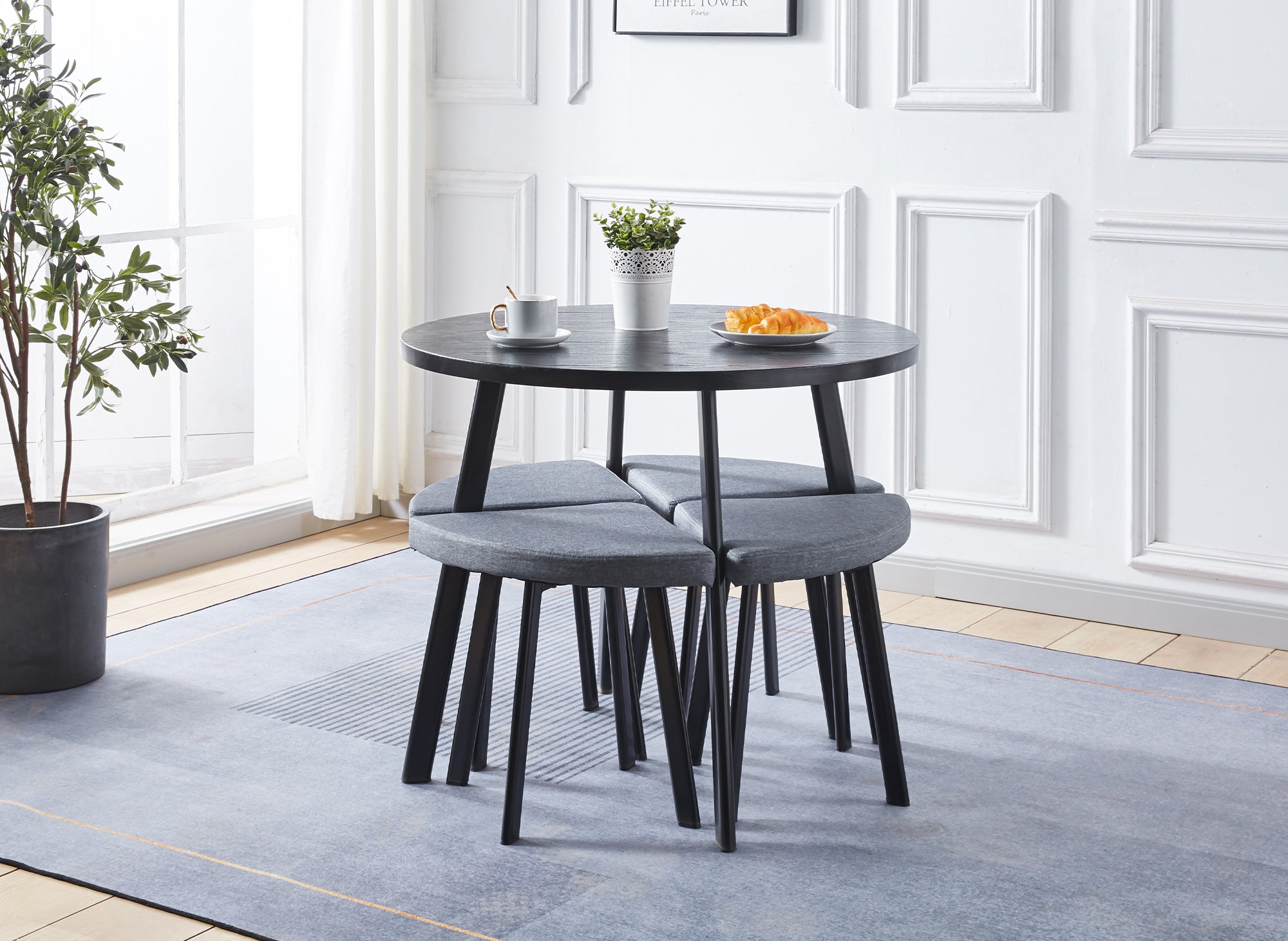 Conjunto de mesa de comedor IRINA de madera negra con 4 taburetes grises