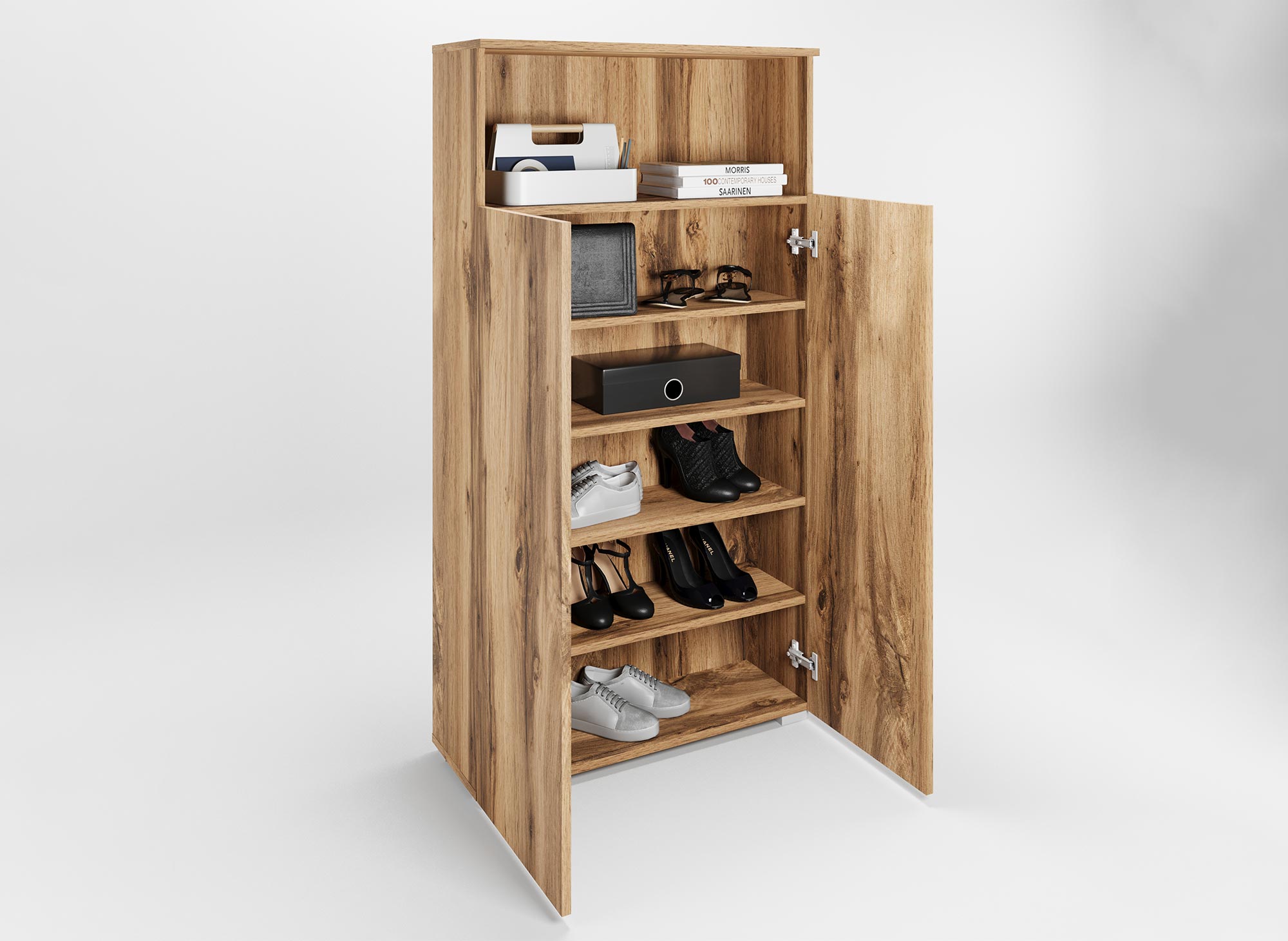 Zapatero BAKI de 5 compartimentos con 1 nicho, fabricado en madera.