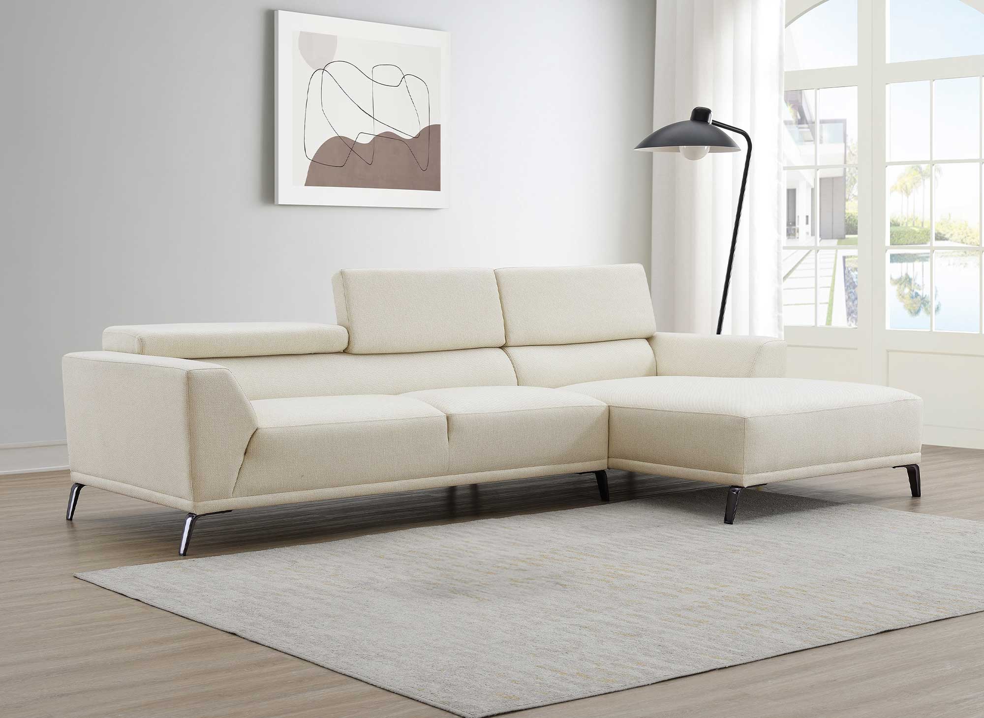 Sofá esquinero KALISTA con chaise longue en tela beige - Esquina derecha