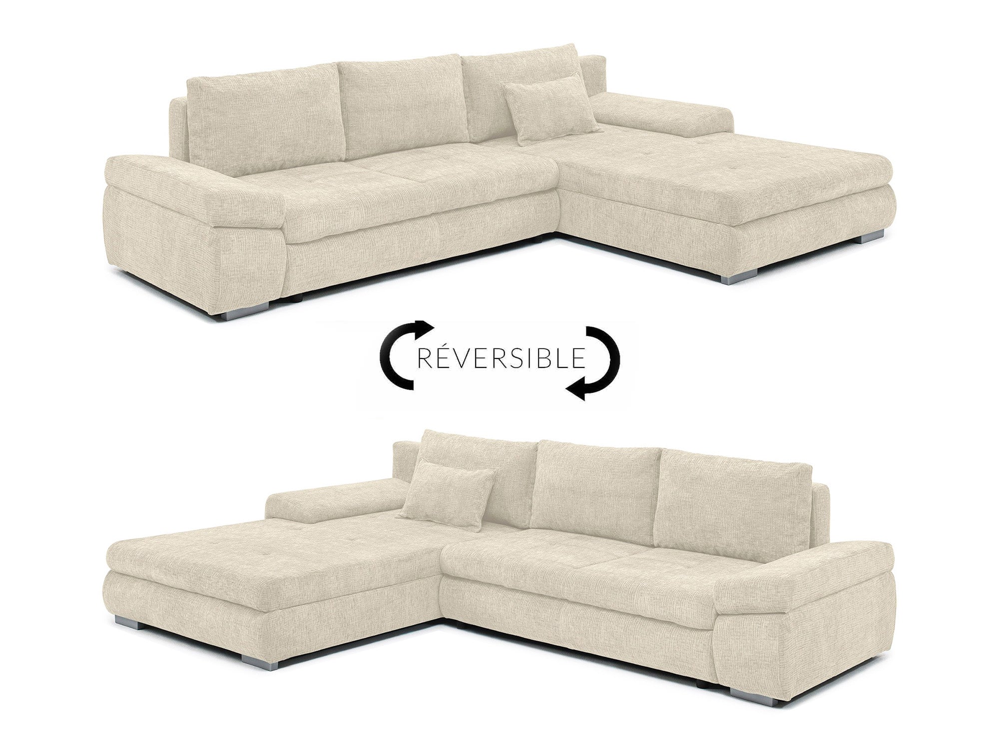 Sofá esquinero convertible reversible SOLEA con almacenaje en terciopelo jaspeado beige