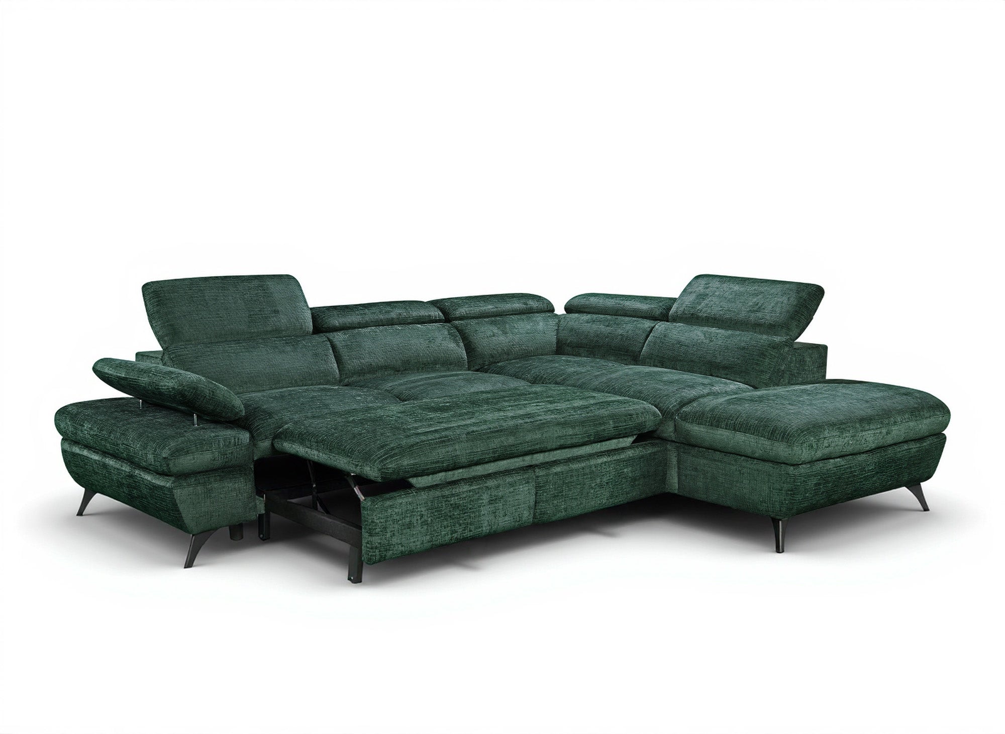 Sofá cama esquinero LUFY con almacenaje en terciopelo verde jaspeado - Esquina derecha