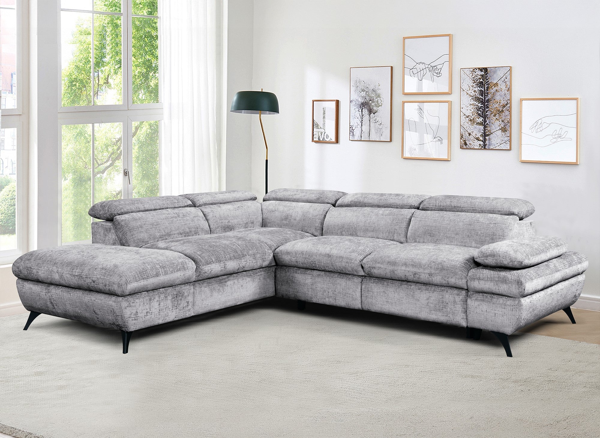 Sofá cama esquinero LUFY con almacenaje en terciopelo gris jaspeado - Esquina izquierda