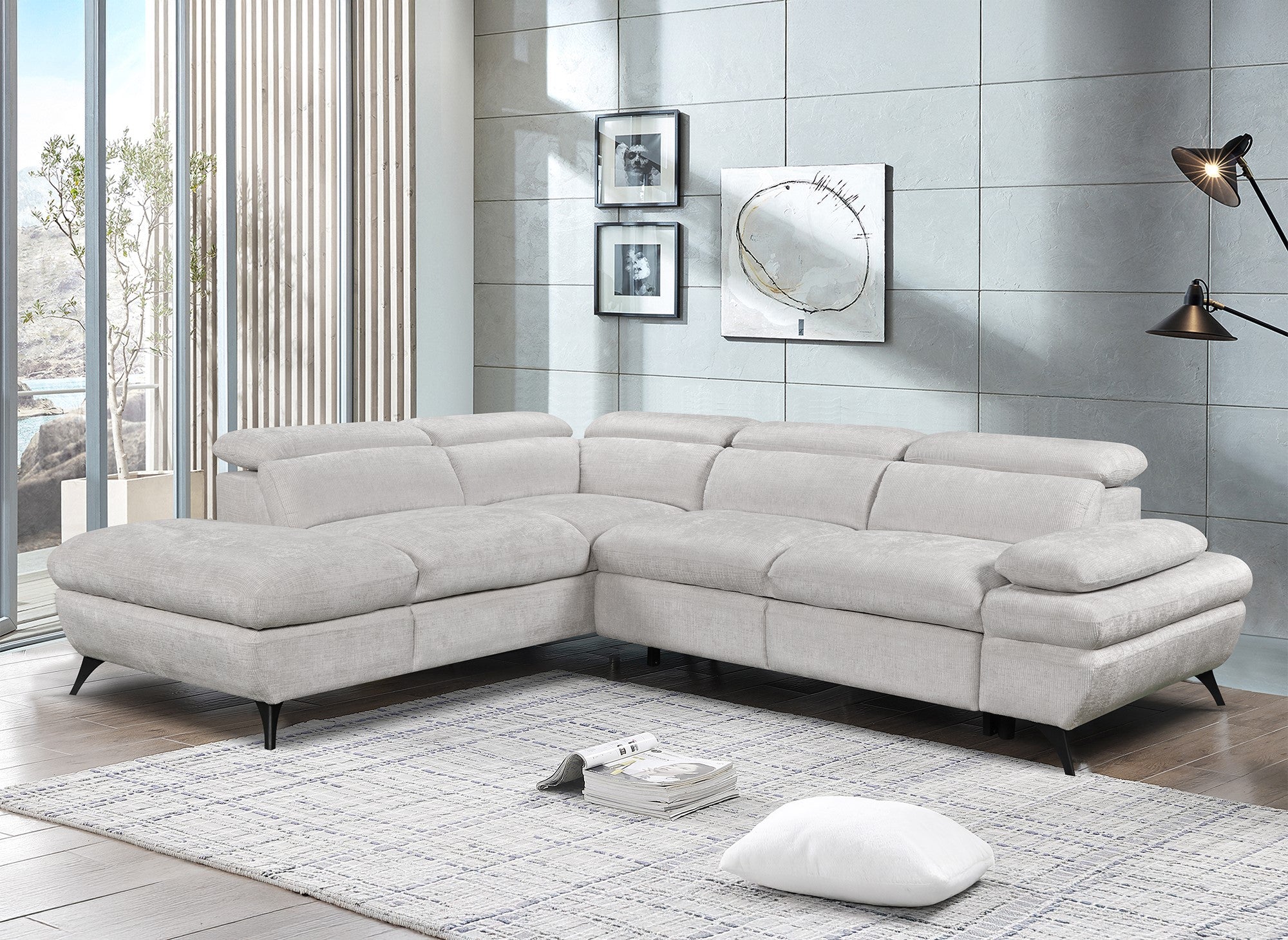 Sofá esquinero convertible LUFY con almacenaje en terciopelo jaspeado blanco roto - Esquina izquierda