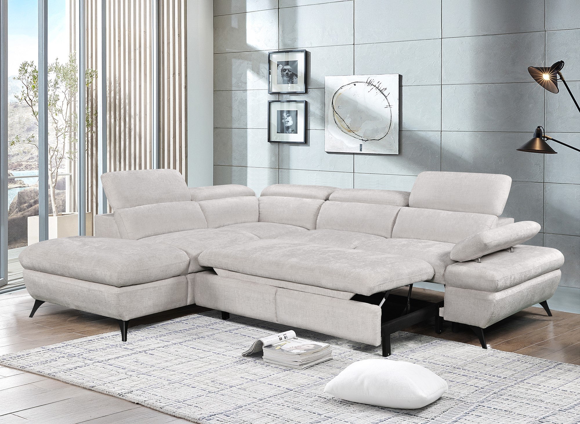 Sofá esquinero convertible LUFY con almacenaje en terciopelo jaspeado blanco roto - Esquina izquierda