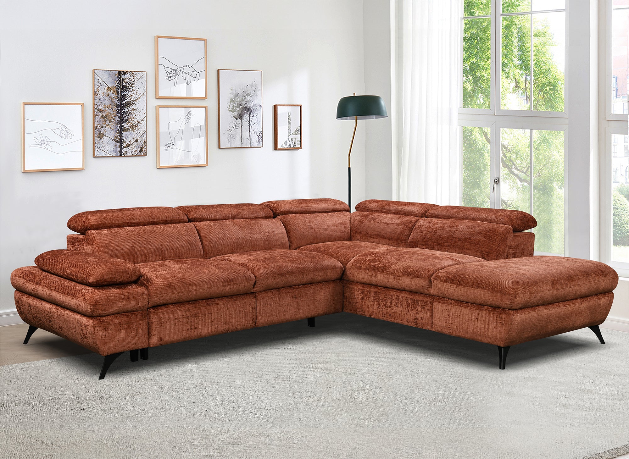 Sofá cama esquinero LUFY con almacenaje en terciopelo moteado terracota - Esquina derecha