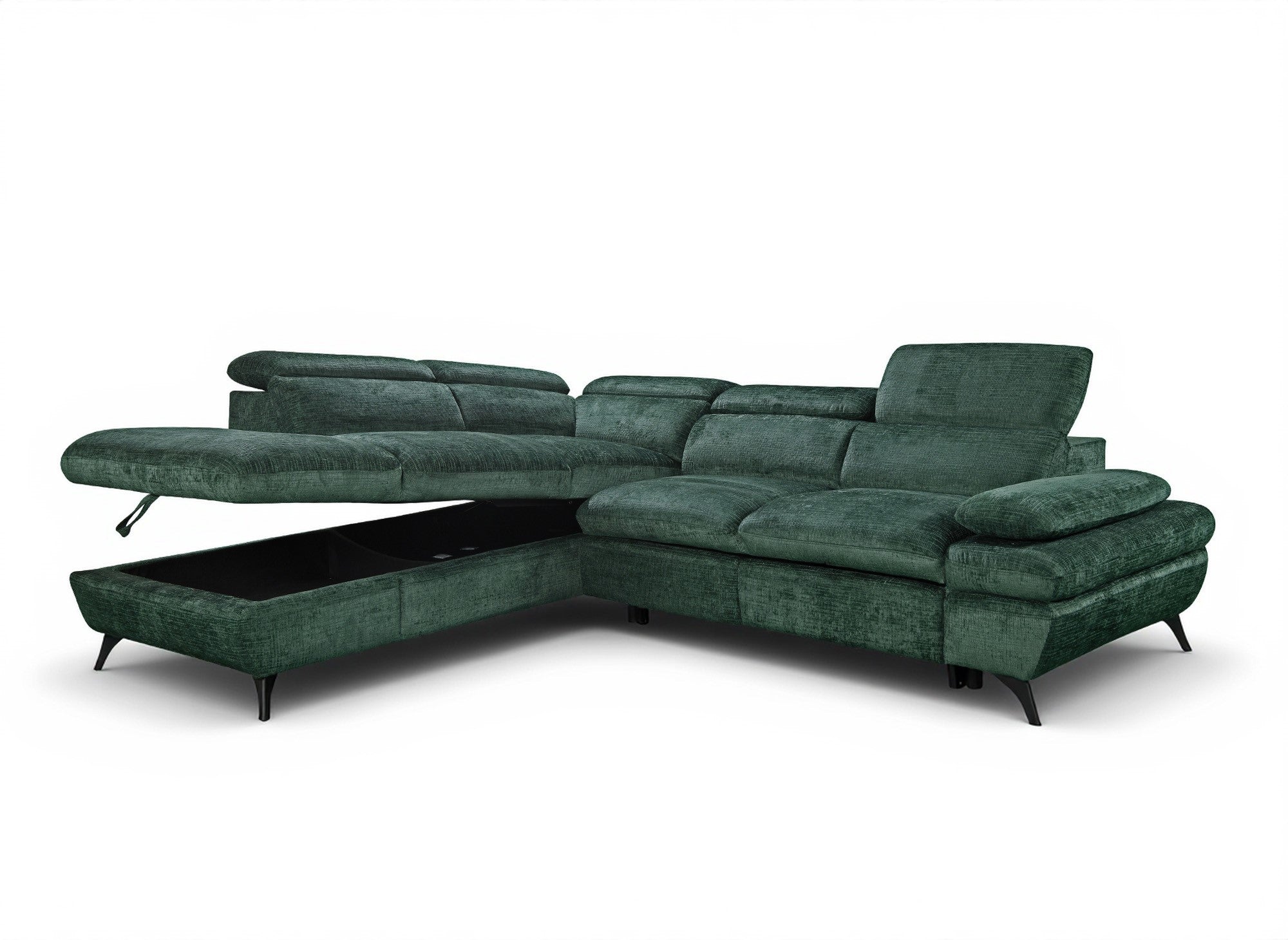 Sofá cama esquinero LUFY con almacenaje en terciopelo verde jaspeado - Esquina izquierda