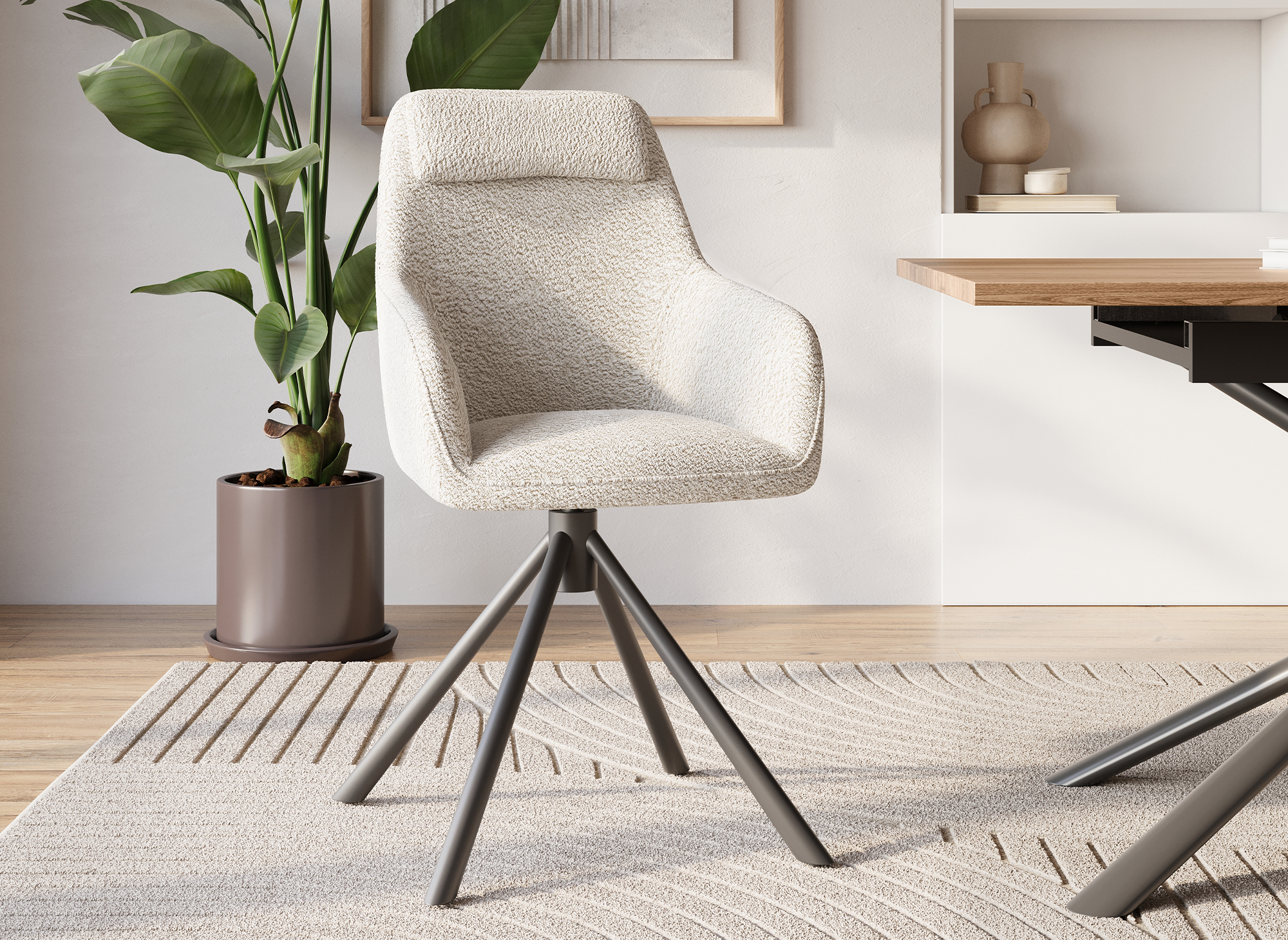 Silla giratoria AGNES color beige con efecto piel de oveja y reposabrazos