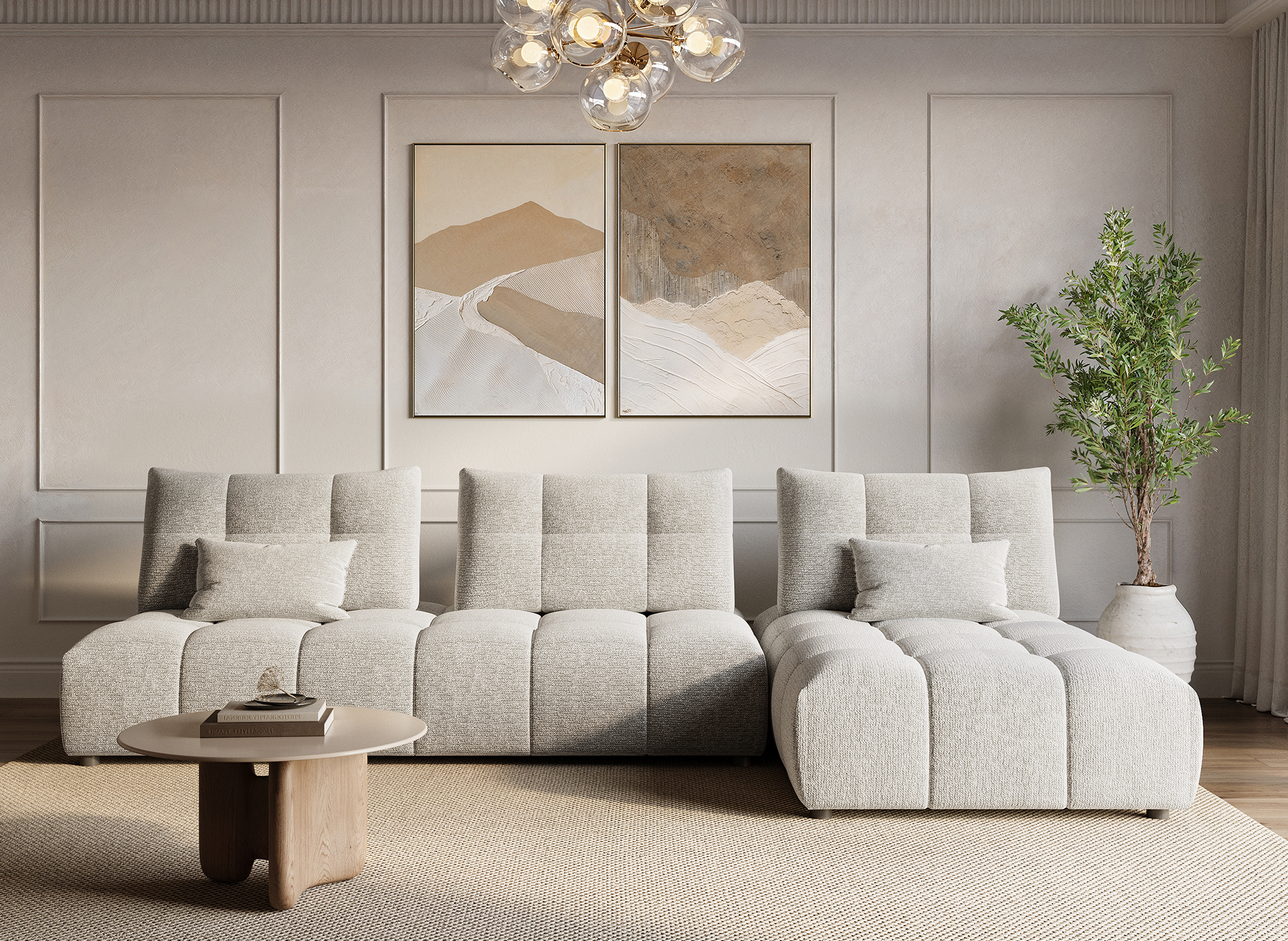 Sofá esquinero reversible ALANA en terciopelo texturizado beige