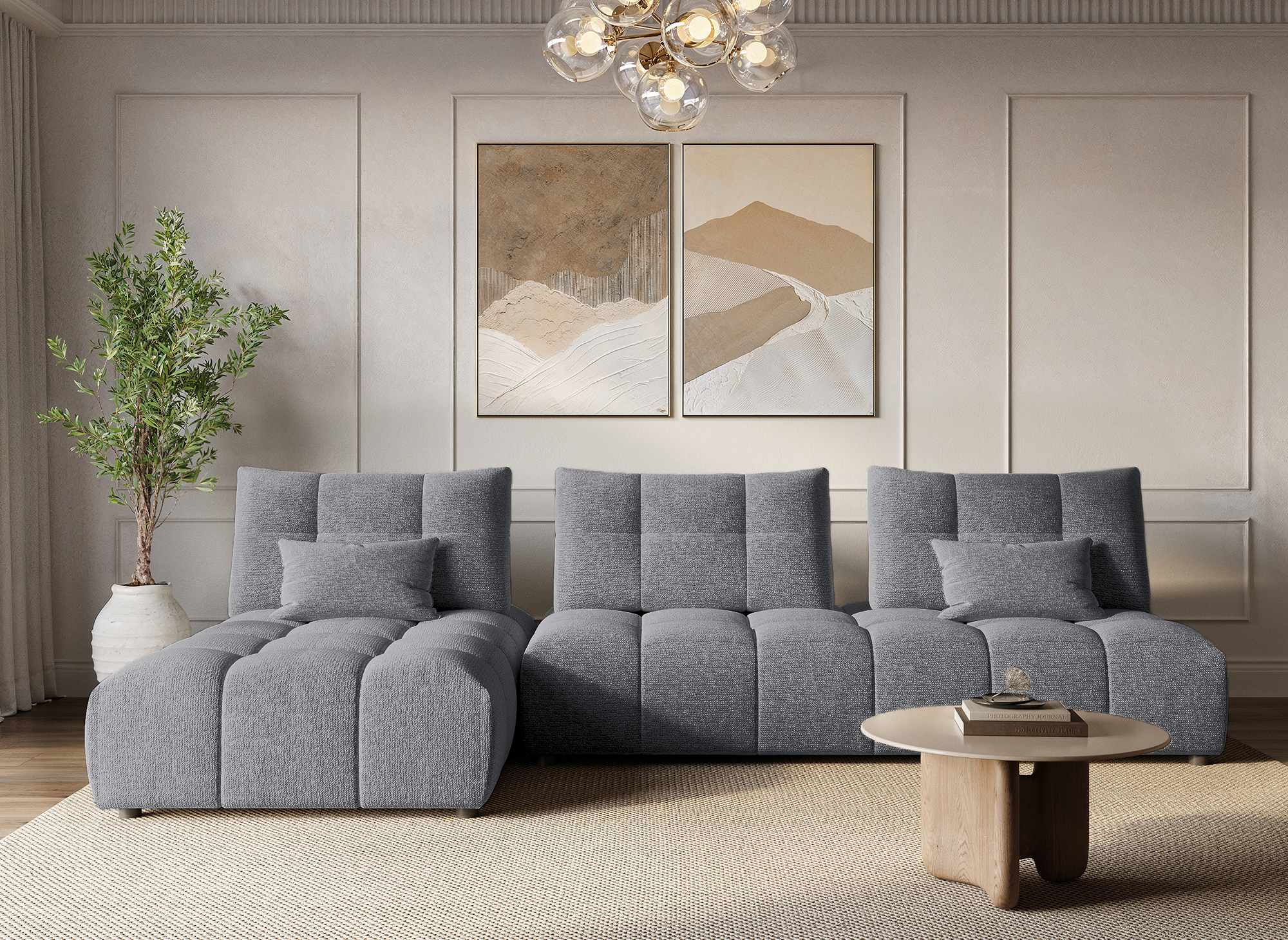 Sofá esquinero reversible ALANA en terciopelo gris texturizado