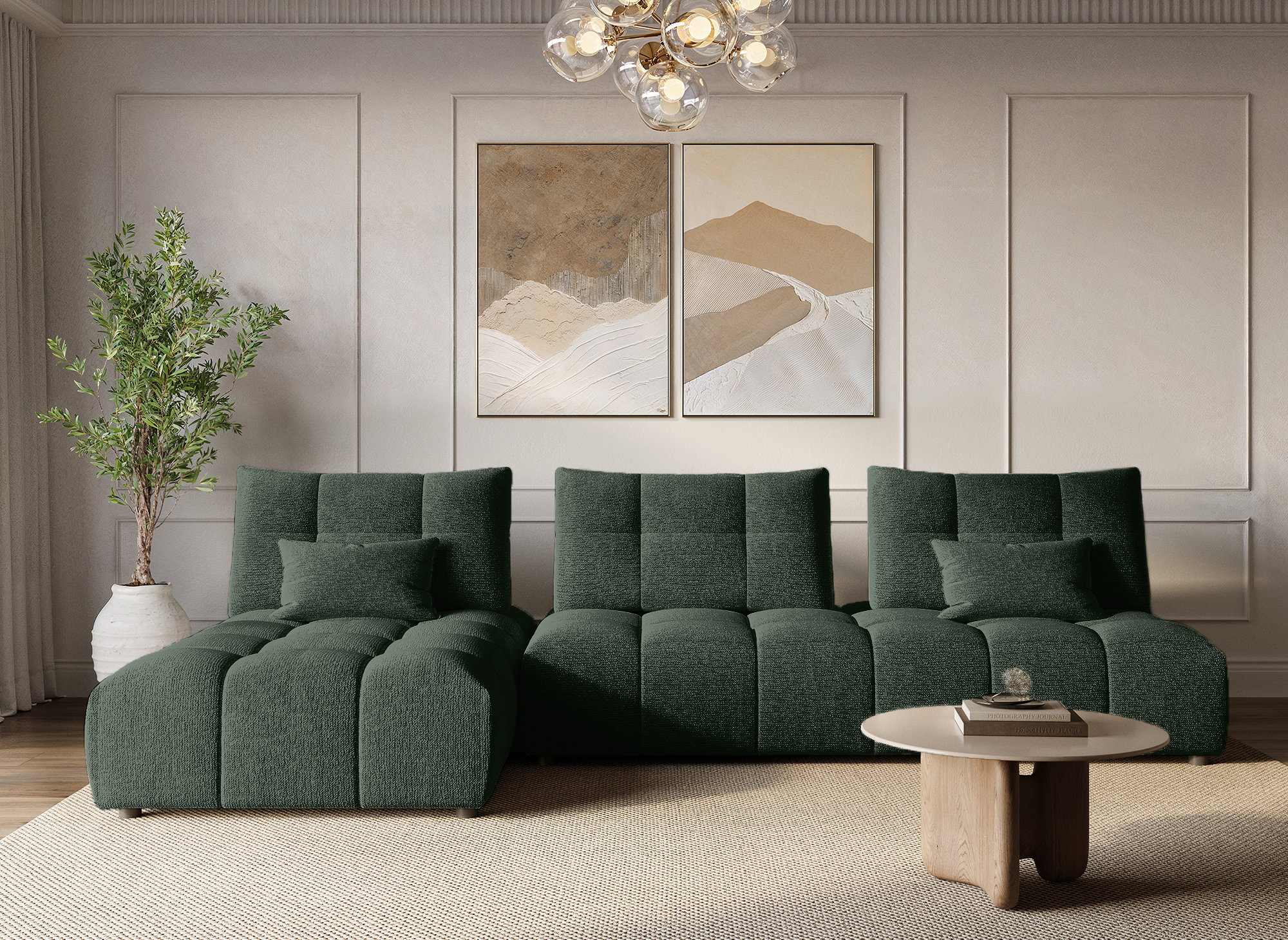 Sofá esquinero reversible ALANA en terciopelo verde caqui texturizado