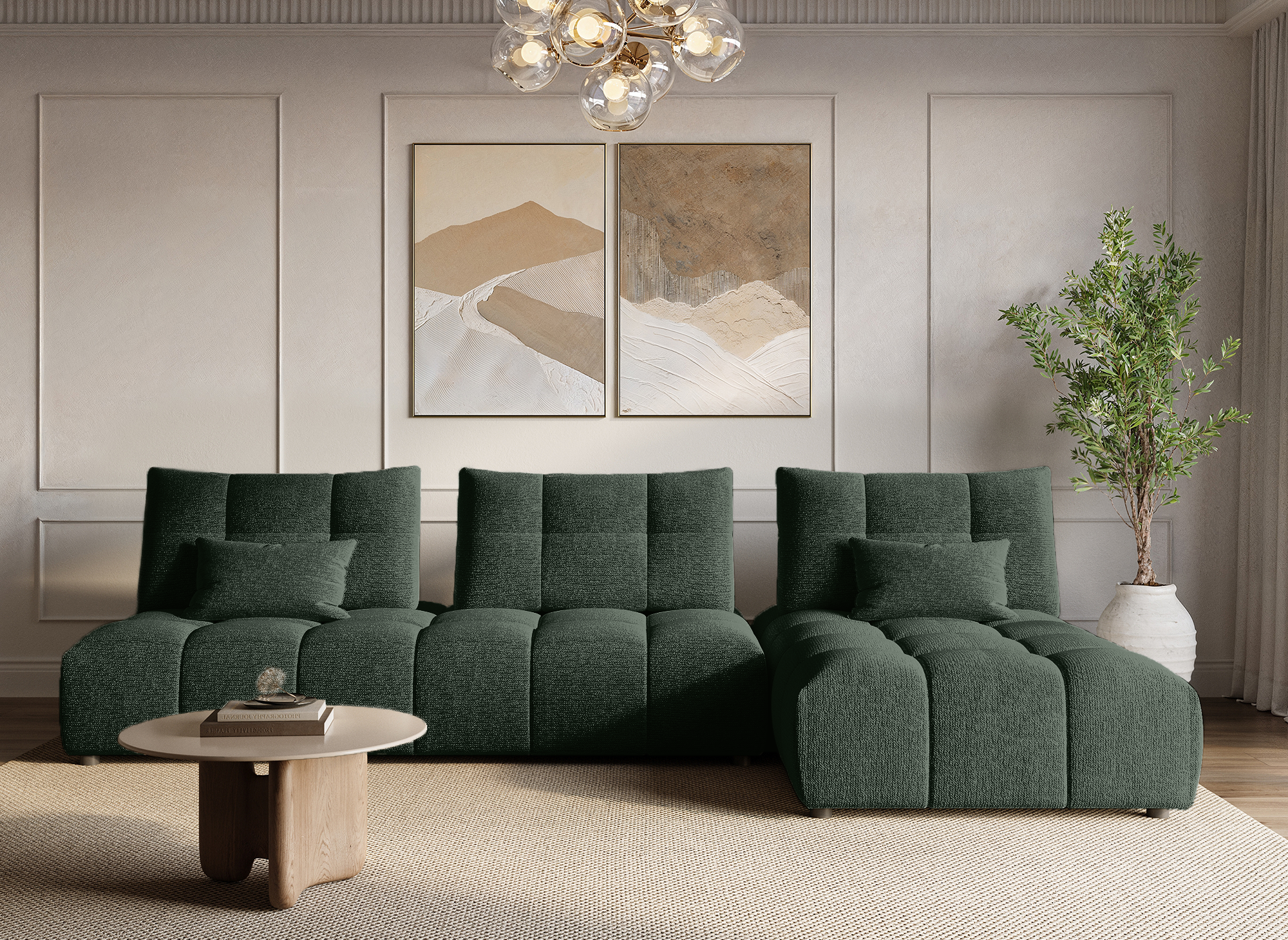 Sofá esquinero reversible ALANA en terciopelo verde caqui texturizado