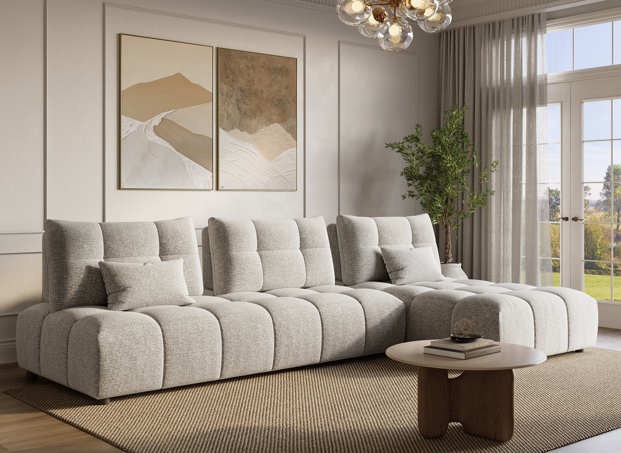 Sofá esquinero reversible ALANA en terciopelo texturizado beige