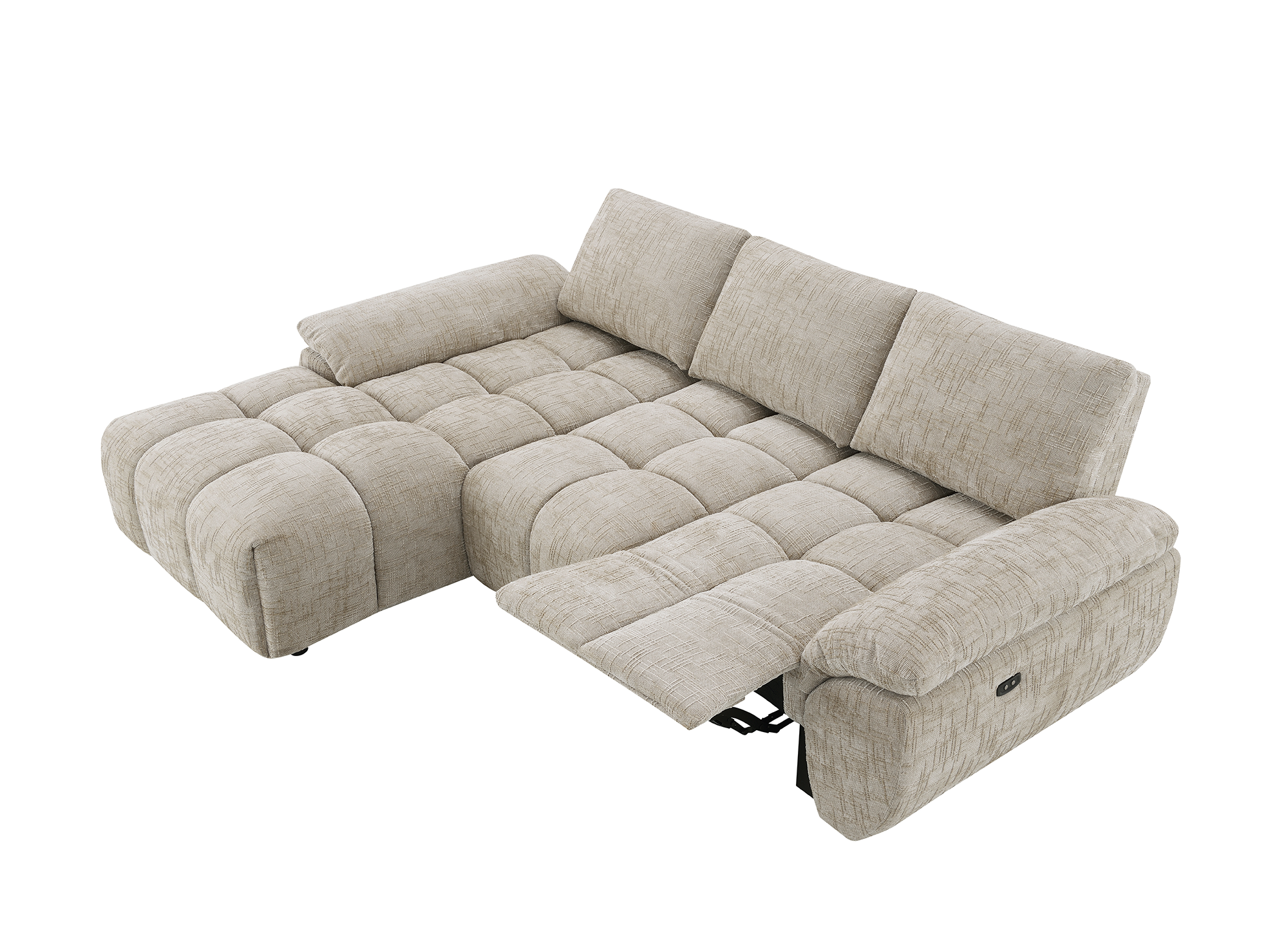 Sofá esquinero reclinable eléctrico ALPES en terciopelo jaspeado color topo - Esquina izquierda