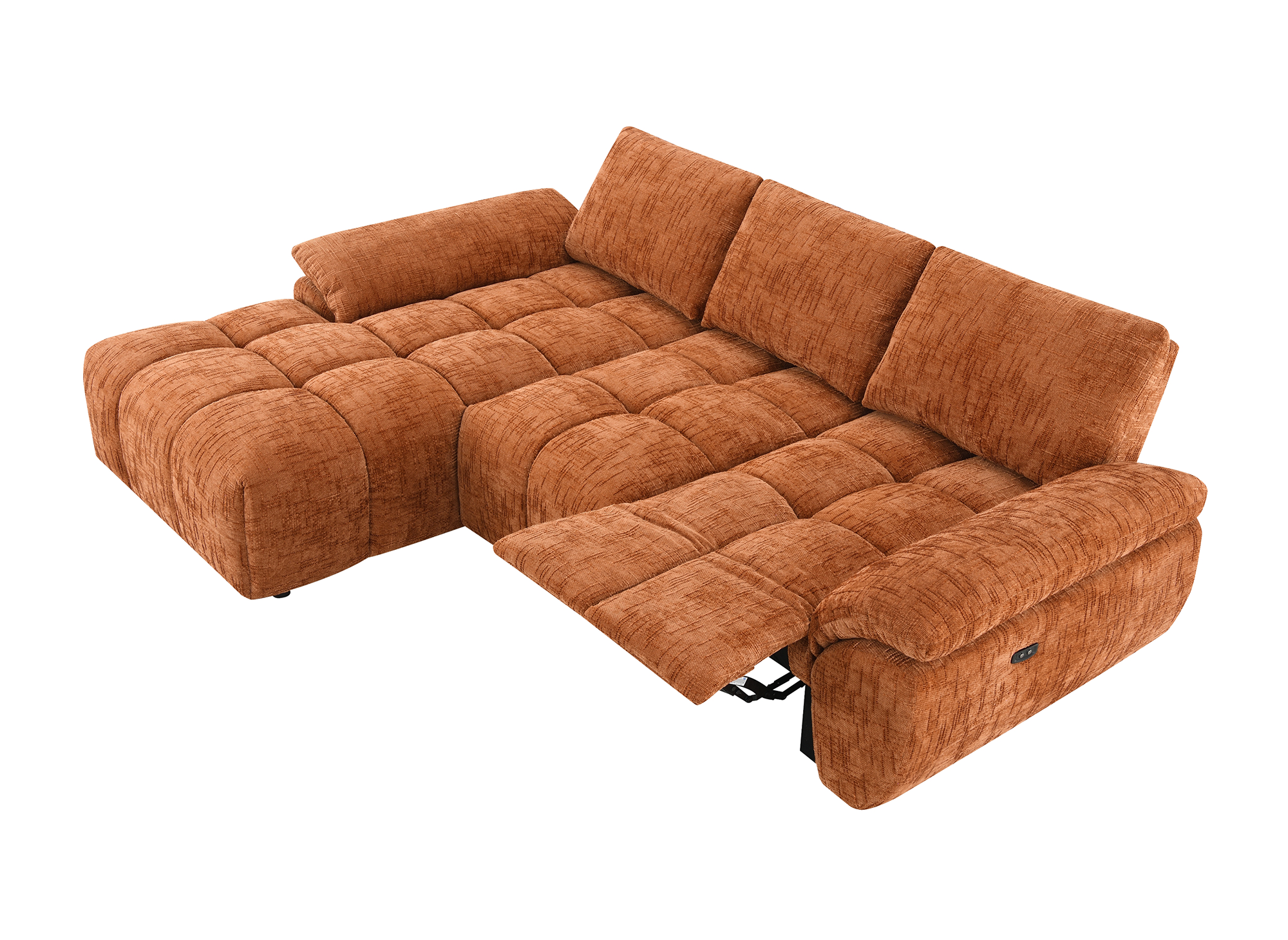 Sofá esquinero reclinable eléctrico ALPES en terciopelo terracota jaspeado - Esquina izquierda