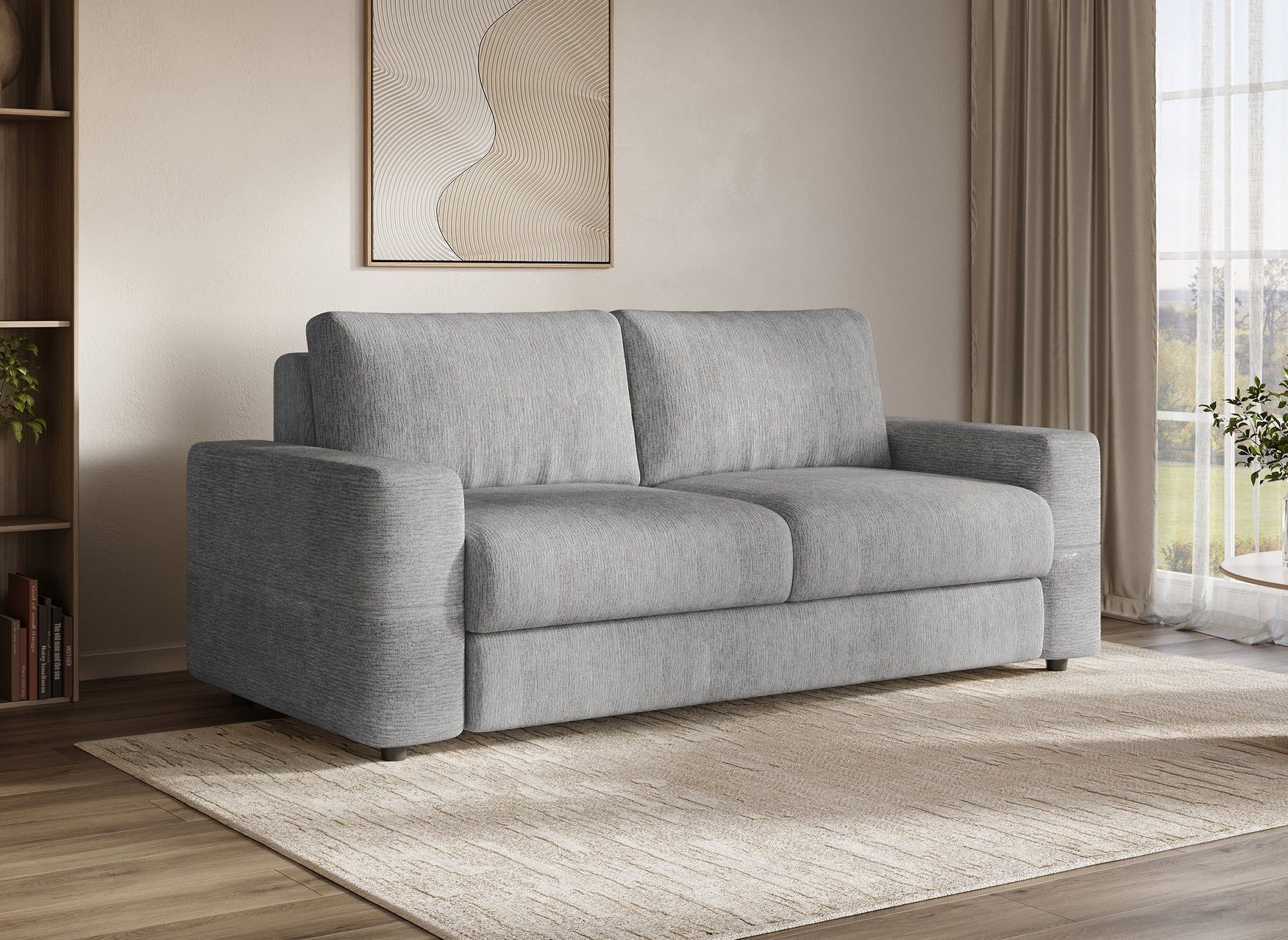 Sofá convertible express de 3 plazas AMAURY en terciopelo jaspeado gris claro