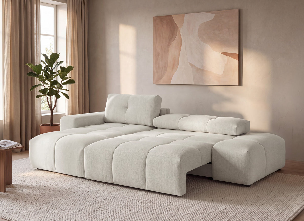 Sofá esquinero convertible con cómoda en tejido texturado beige ANGELINE - Esquina izquierda