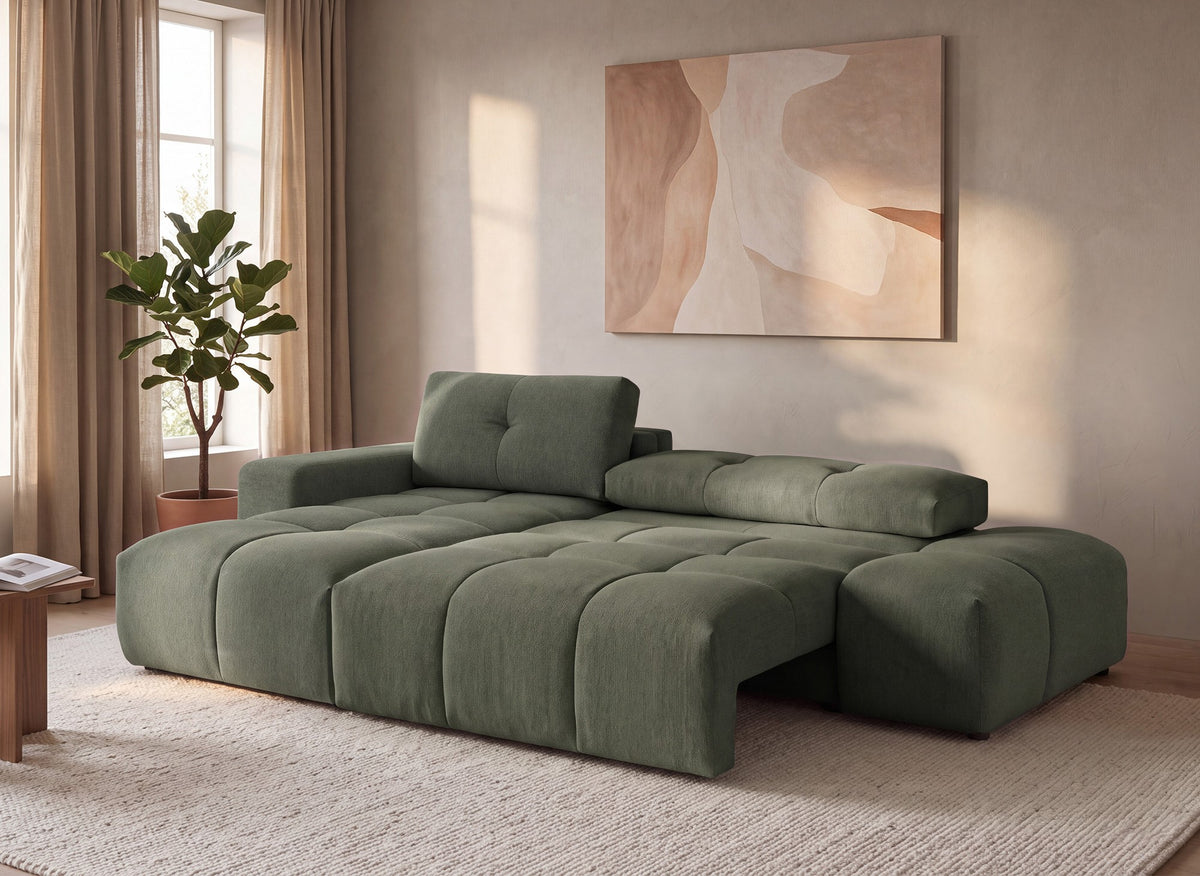 Sofá esquinero convertible con cómoda en tejido texturado verde oliva ANGELINE - Esquina izquierda