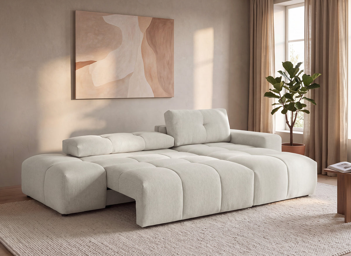 Sofá esquinero convertible con cómoda en tejido texturado beige ANGELINE - Ángulo recto
