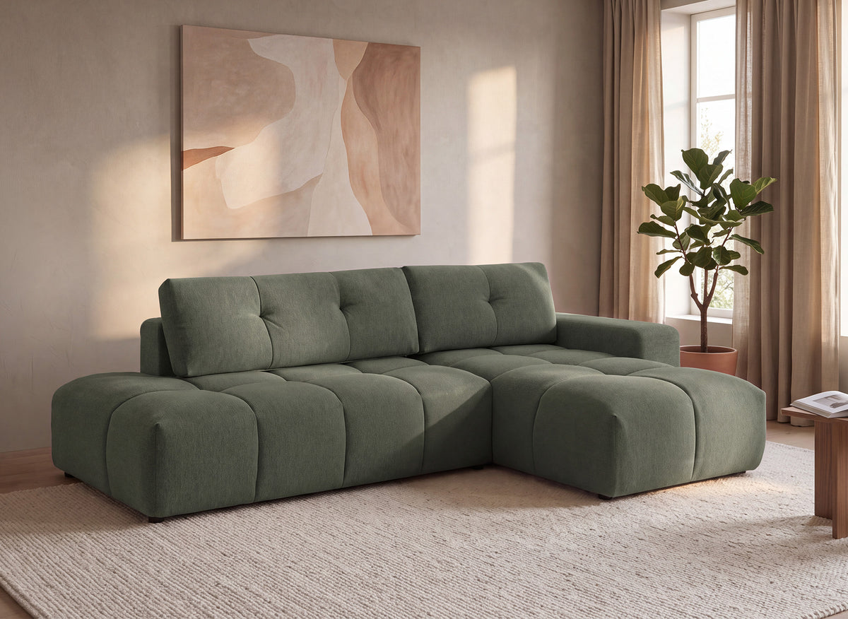 Sofá esquinero convertible con cómoda en tejido texturado verde oliva ANGELINE - Ángulo recto