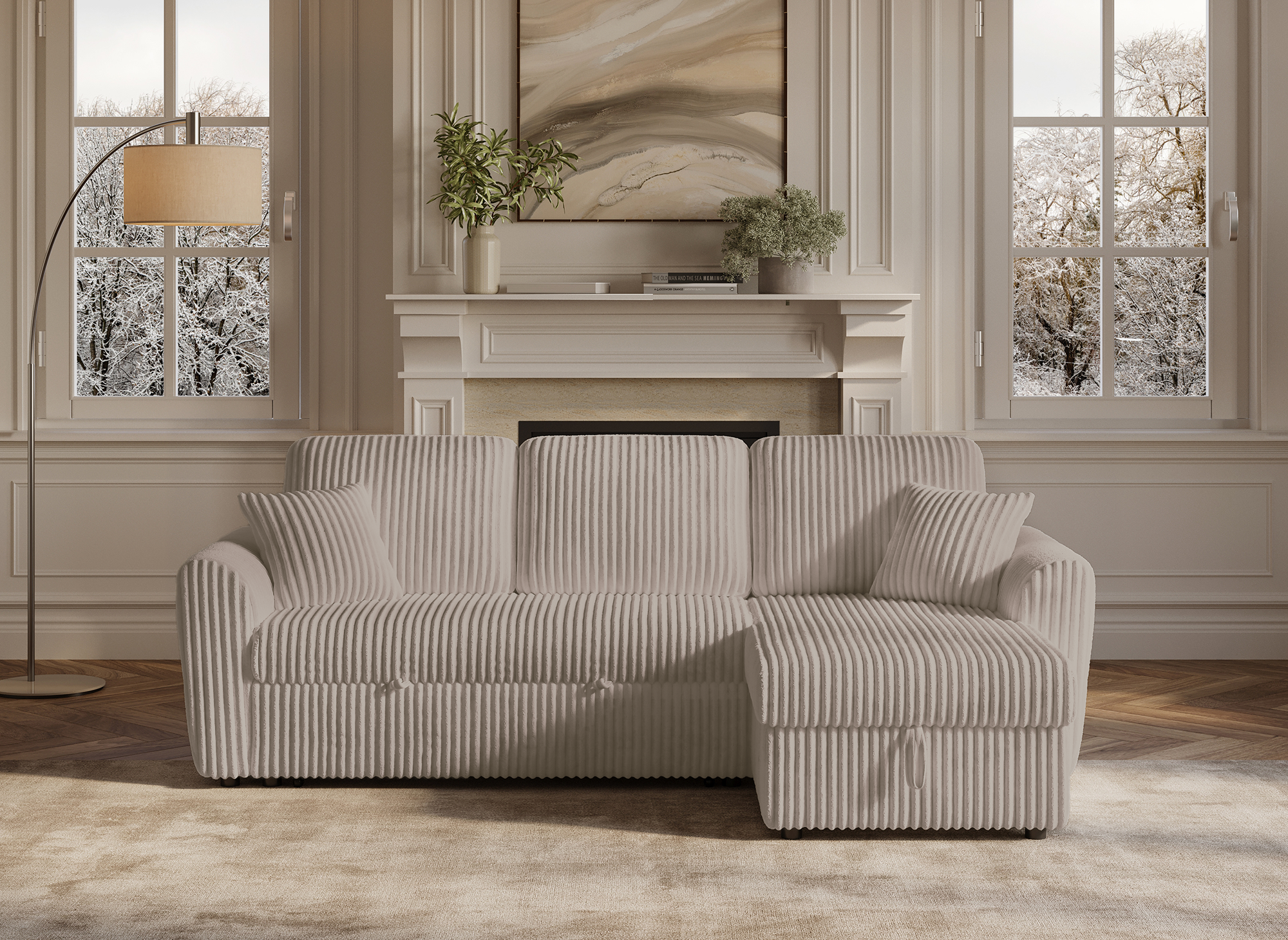 Sofá esquinero convertible y reversible ADRYEN con almacenaje en pana gruesa color topo