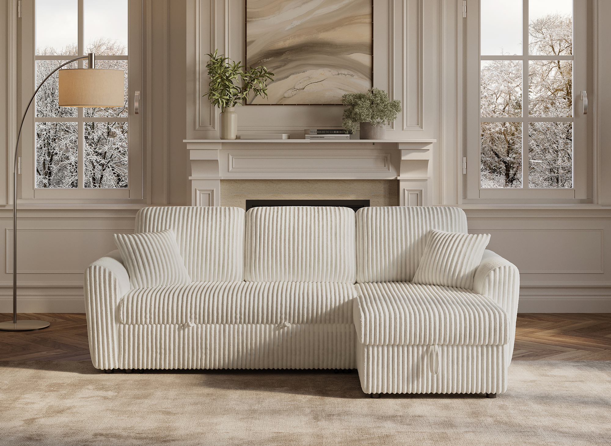 Sofá esquinero convertible y reversible con almacenaje en pana gruesa color beige ADRYEN