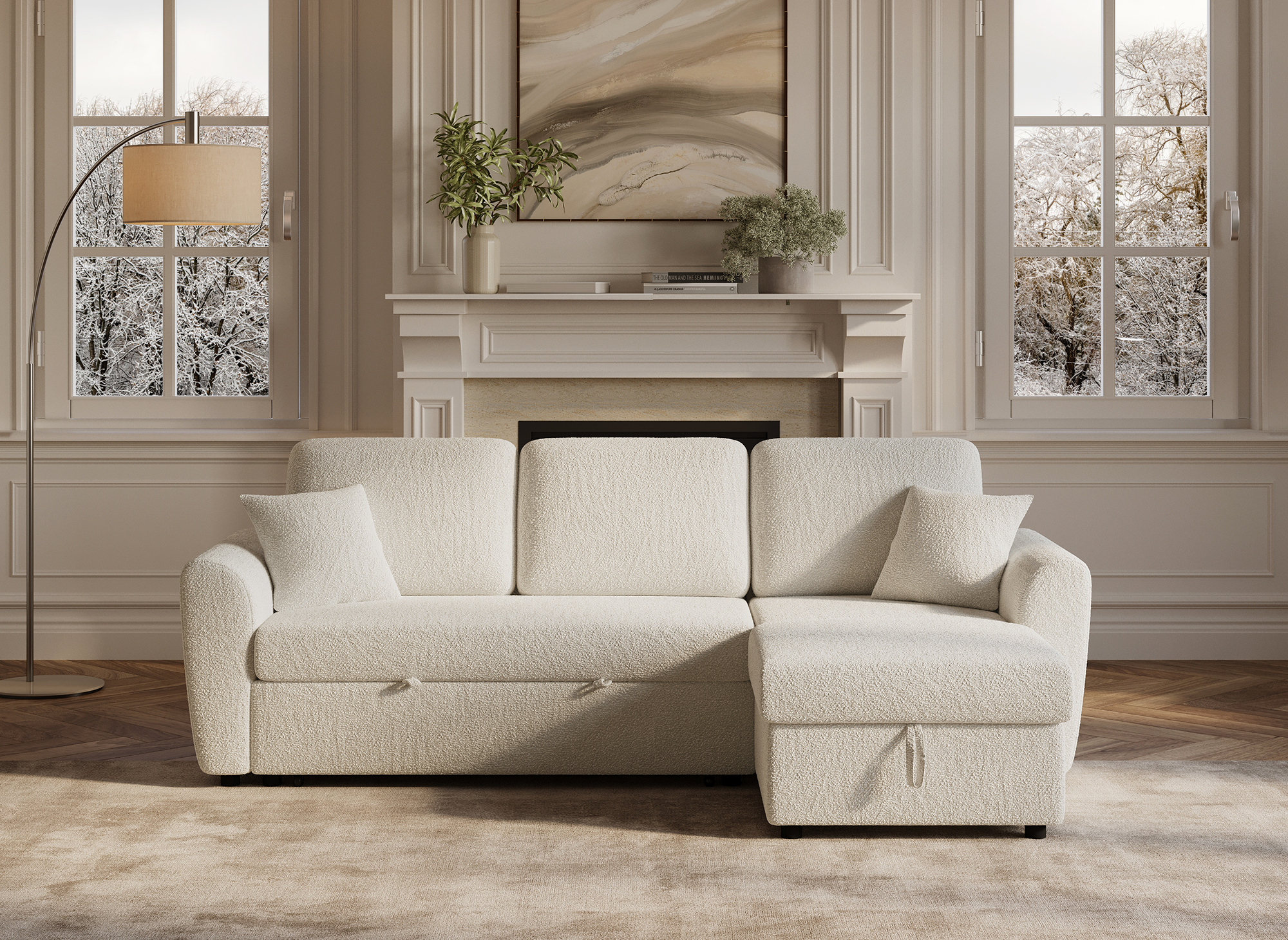 Sofá esquinero convertible y reversible ADRYEN con almacenaje en tejido bouclé beige