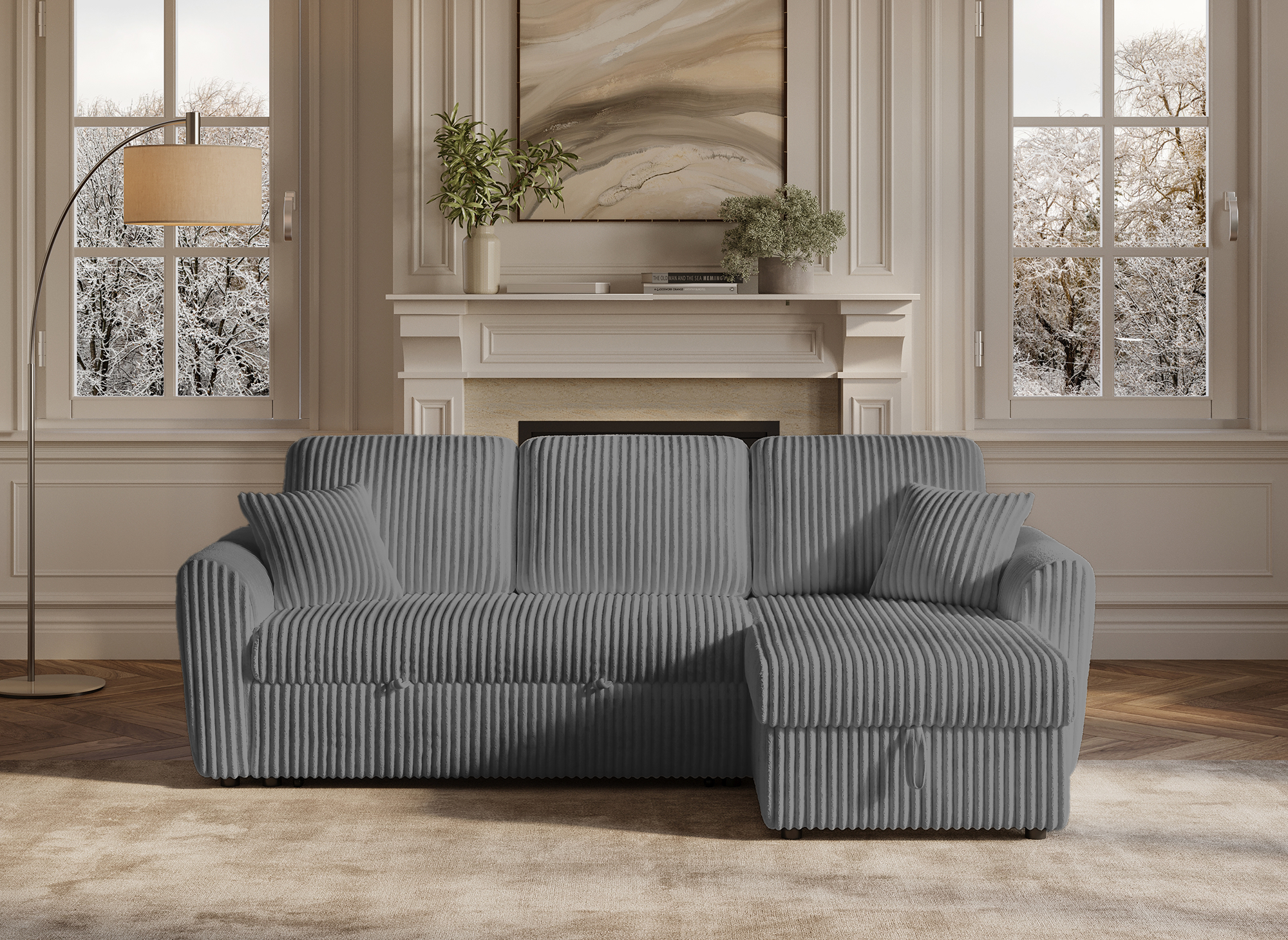 Sofá esquinero convertible y reversible ADRYEN con almacenaje en pana gris gruesa