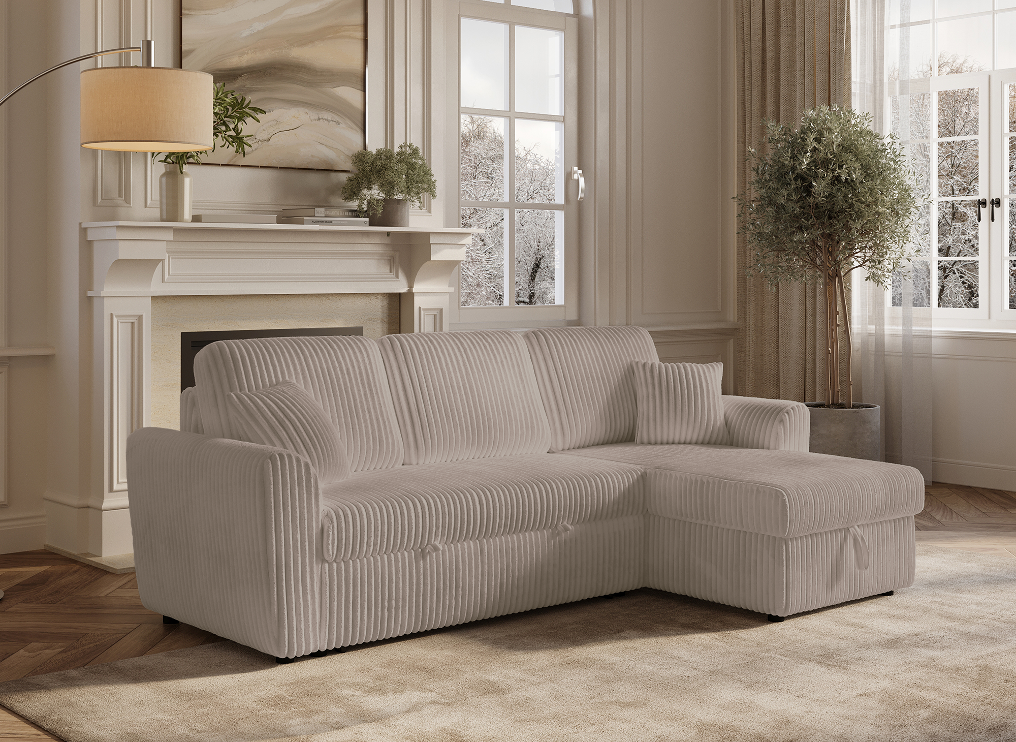 Sofá esquinero convertible y reversible ADRYEN con almacenaje en pana gruesa color topo