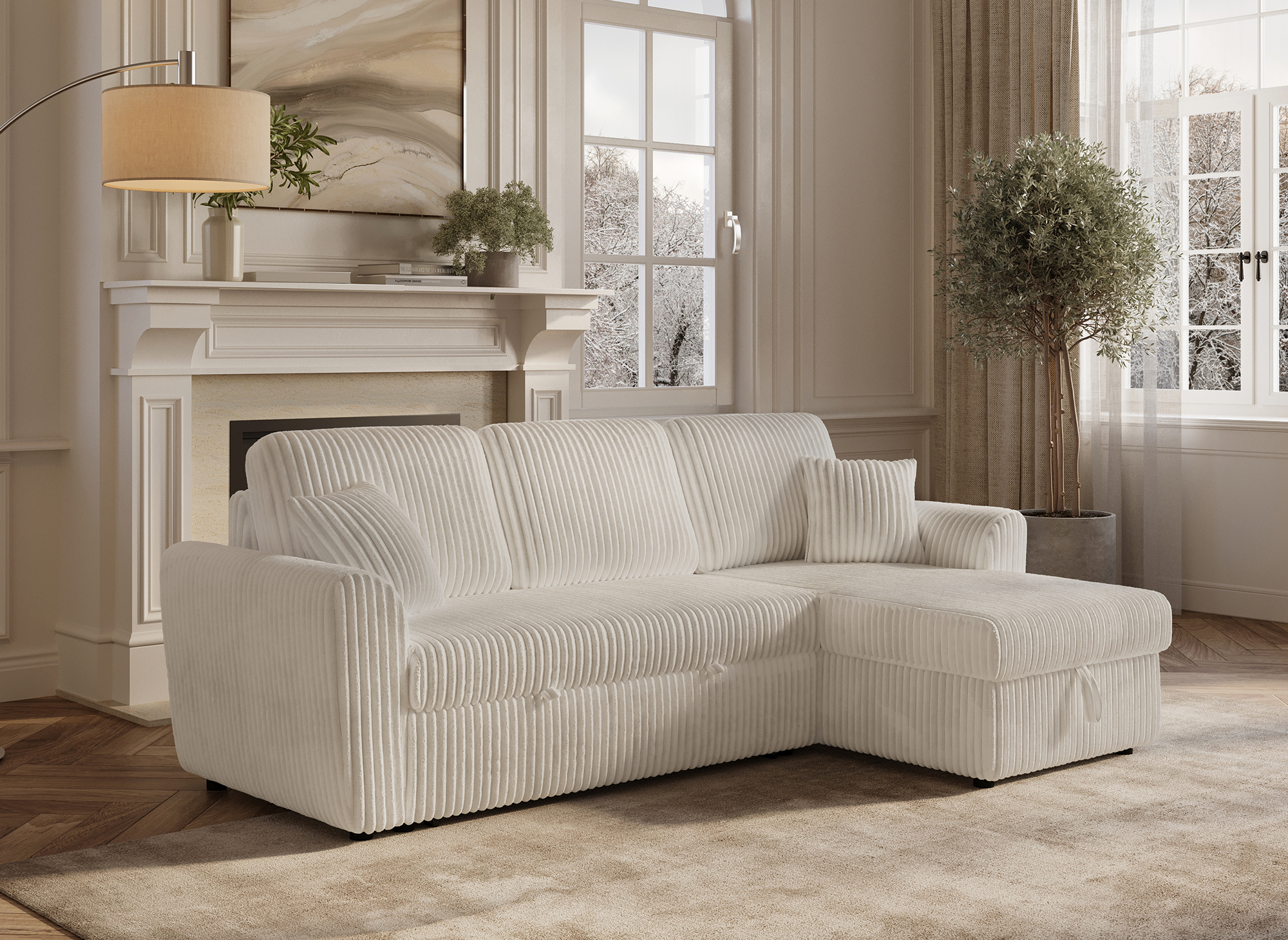 Sofá esquinero convertible y reversible con almacenaje en pana gruesa color beige ADRYEN