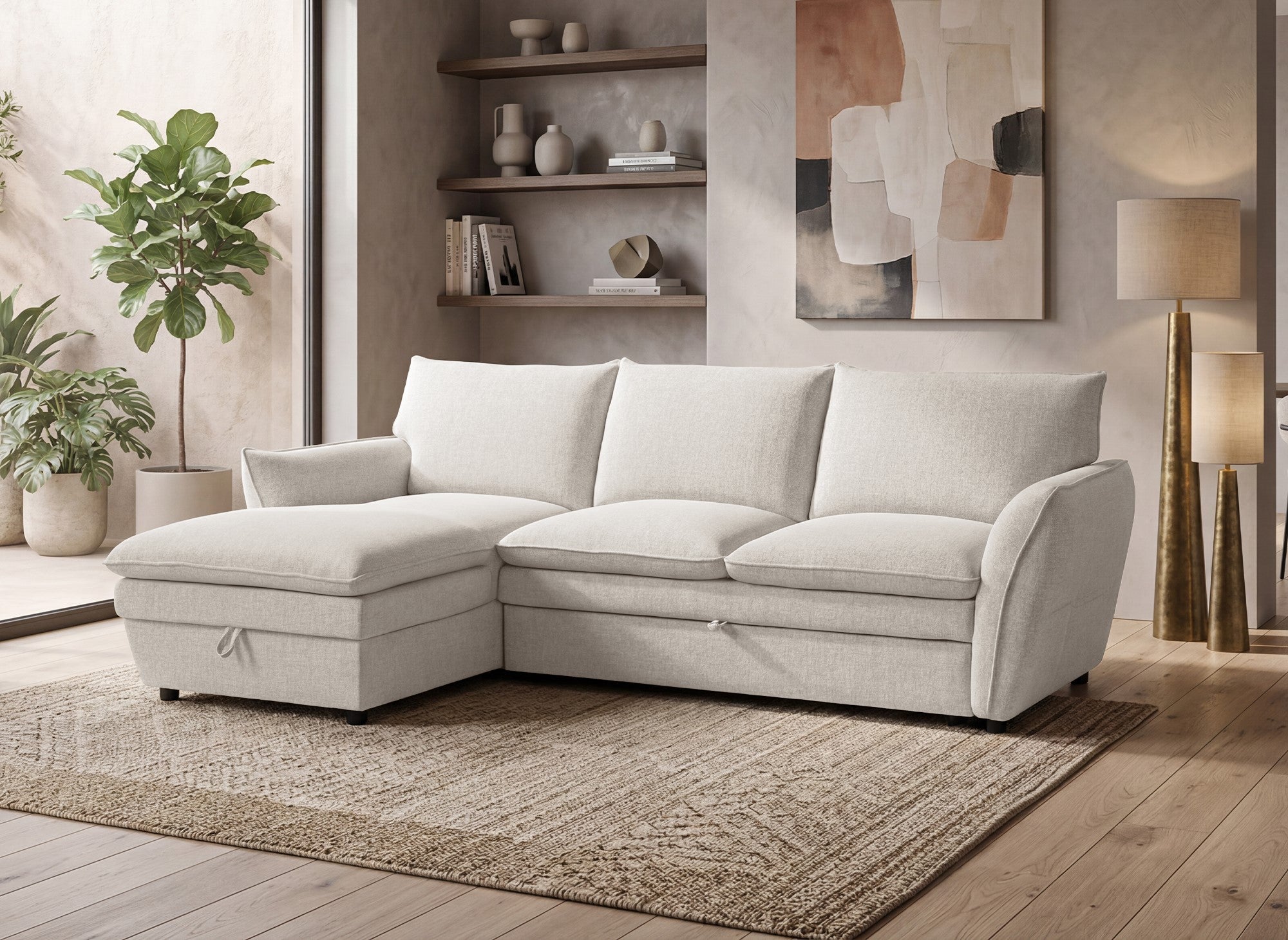 Sofá esquinero convertible con cómoda en tejido beige CAPUCINE - Esquina izquierda